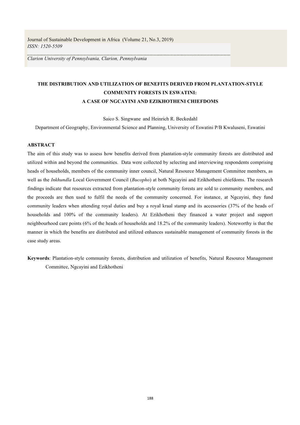 The Distribution and Utilization of Benefits Derived from Plantation-Style Community Forests in Eswatini: a Case of Ngcayini and Ezikhotheni Chiefdoms