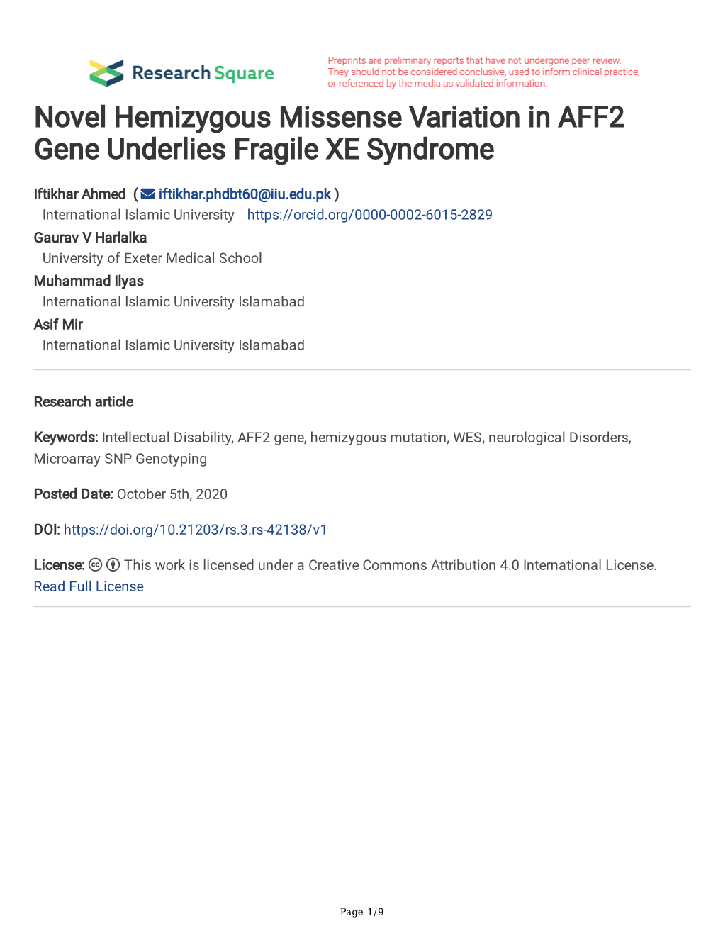 Novel Hemizygous Missense Variation in AFF2 Gene Underlies Fragile XE Syndrome