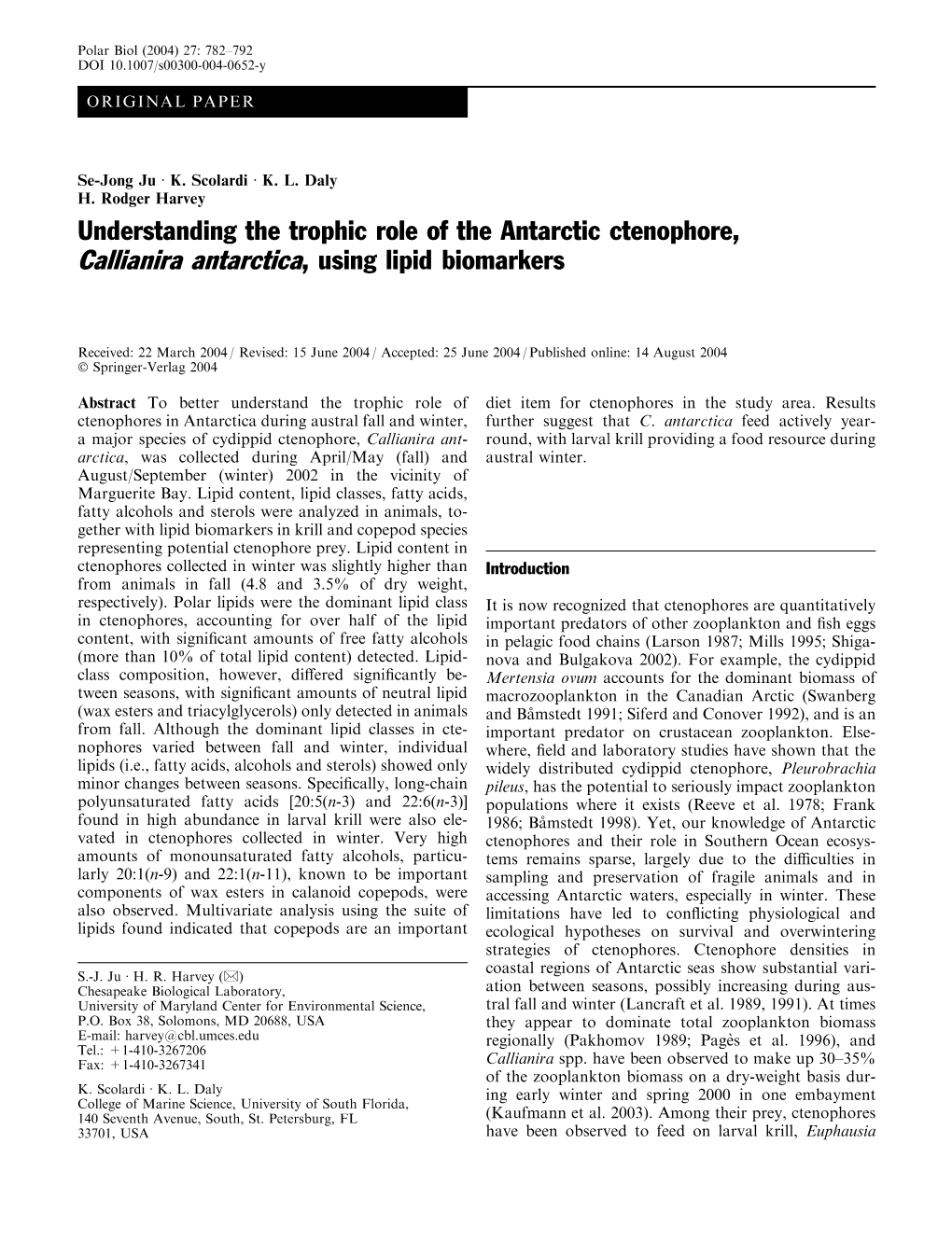 Understanding the Trophic Role of the Antarctic Ctenophore, Callianira Antarctica, Using Lipid Biomarkers