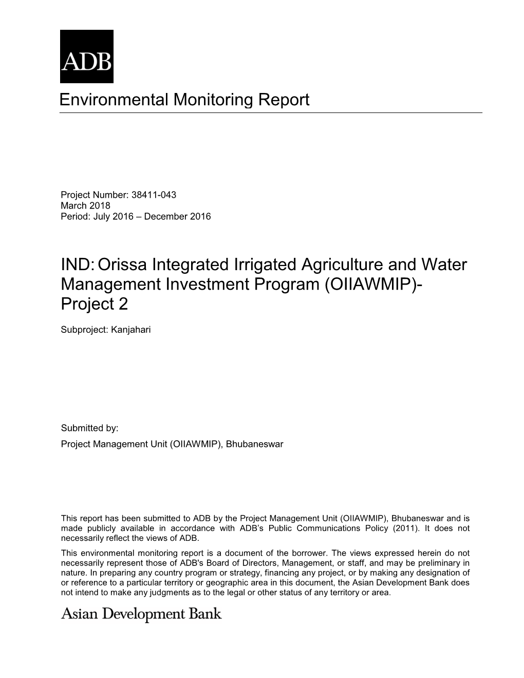 38411-043: Orissa Integrated Irrigated Agriculture and Water Management Investment Program