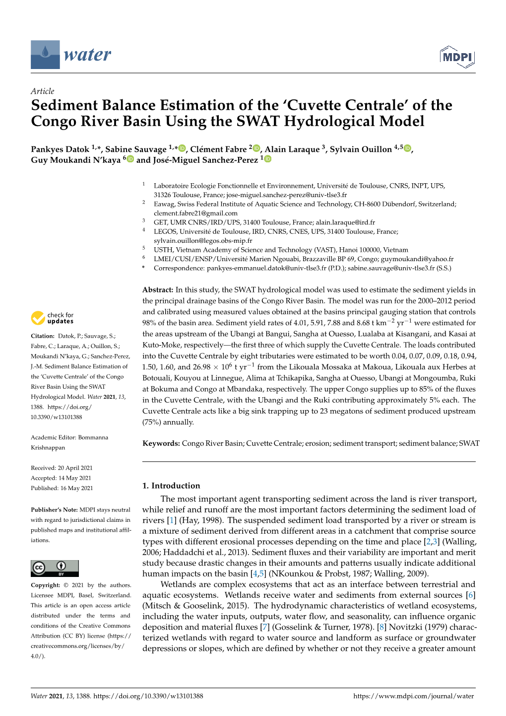 Sediment Balance Estimation of the 'Cuvette Centrale' of the Congo River Basin Using the SWAT Hydrological Model
