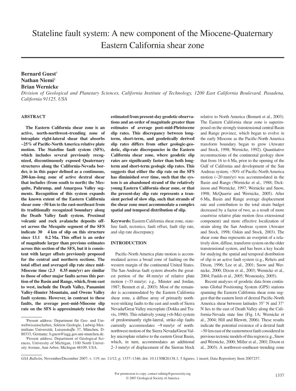 Stateline Fault System: a New Component of the Miocene-Quaternary Eastern California Shear Zone