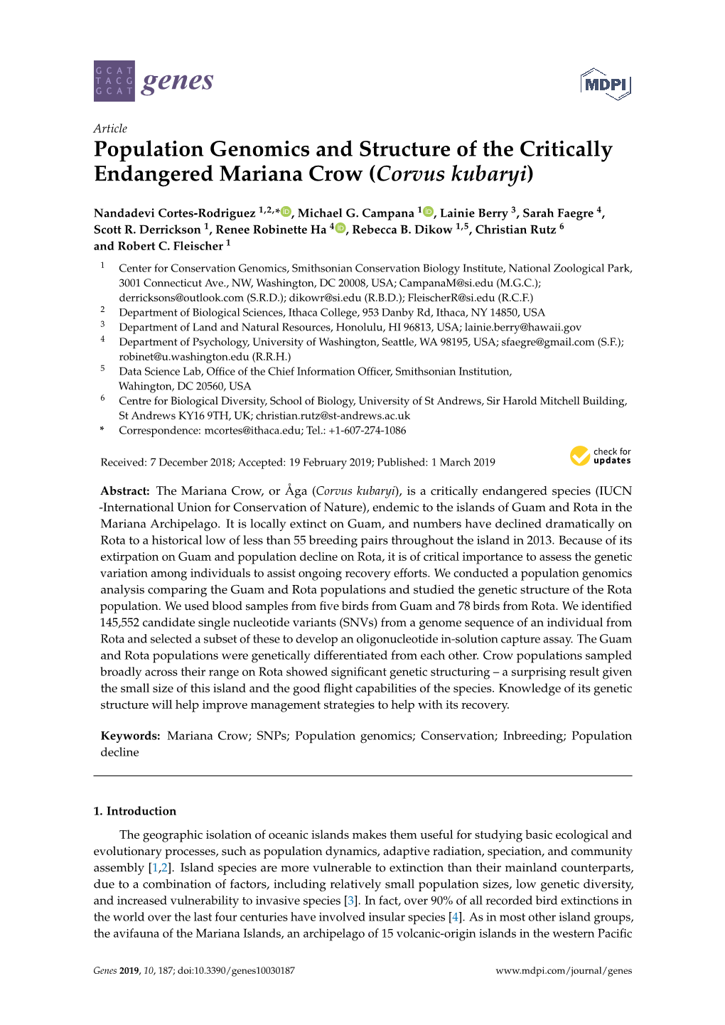 Population Genomics and Structure of the Critically Endangered Mariana Crow (Corvus Kubaryi)