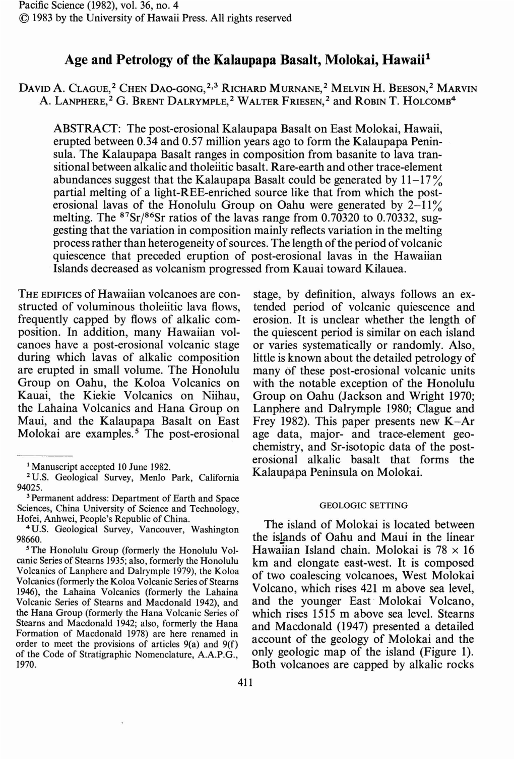 Age and Petrology of the Kalaupapa Basalt, Molokai, Hawaip