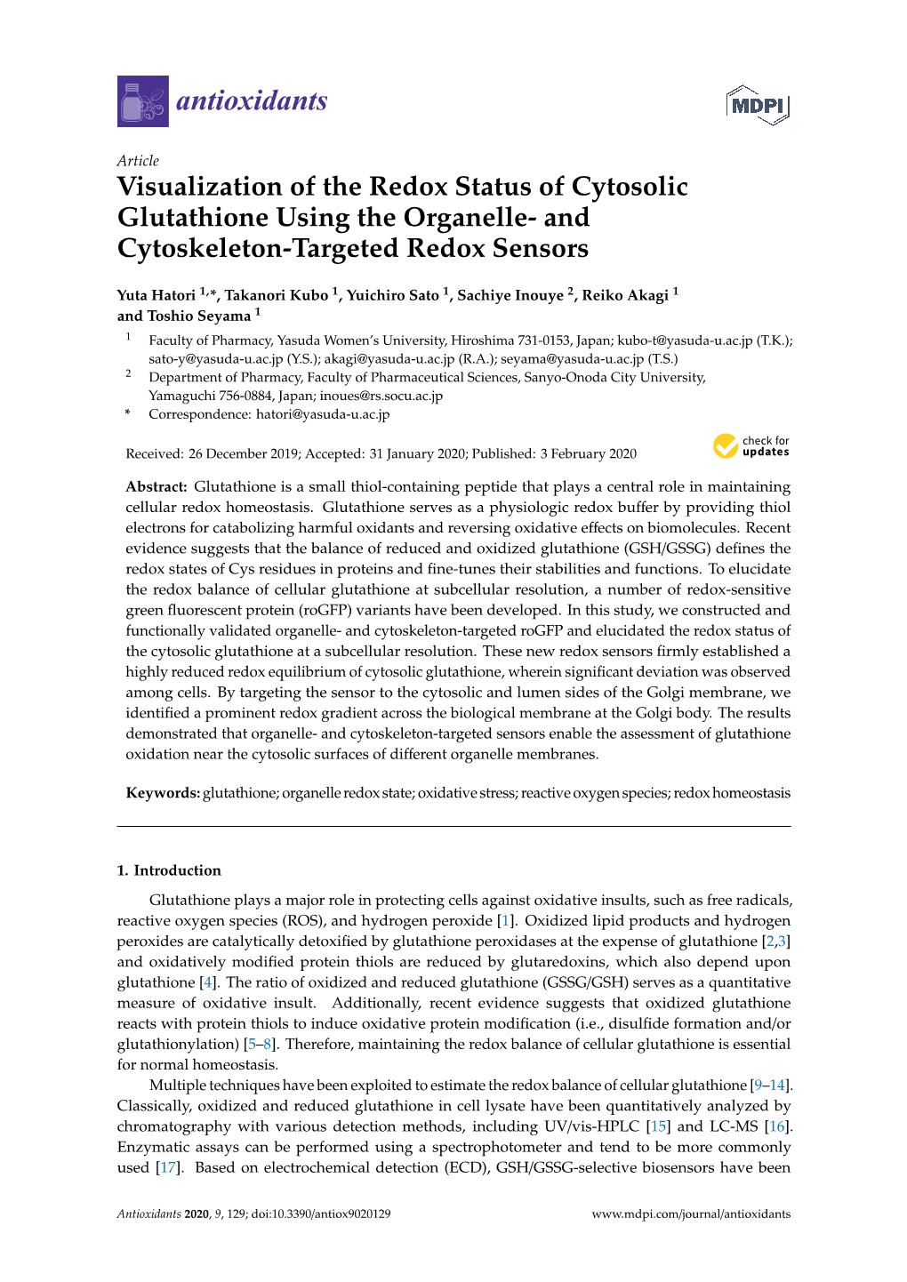 Visualization of the Redox Status of Cytosolic Glutathione Using the Organelle- and Cytoskeleton-Targeted Redox Sensors