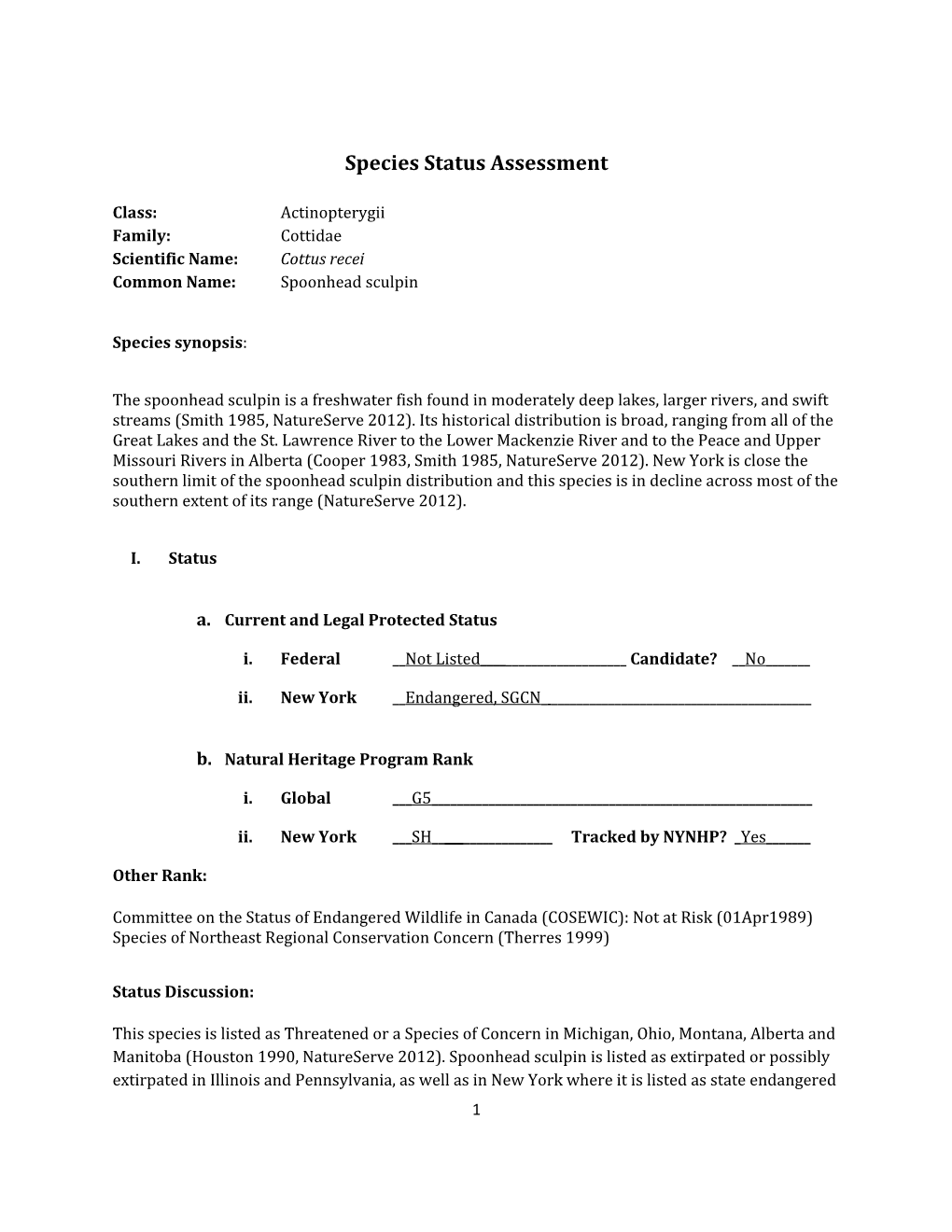 Species Assessment for Spoonhead Sculpin