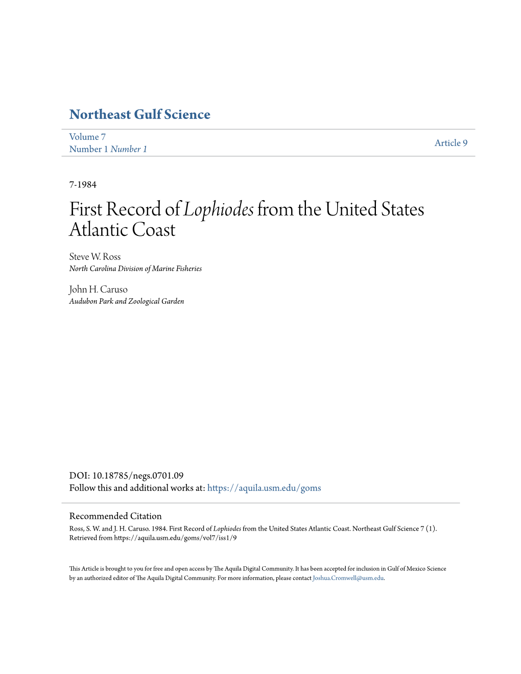 First Record of Lophiodes from the United States Atlantic Coast Steve W