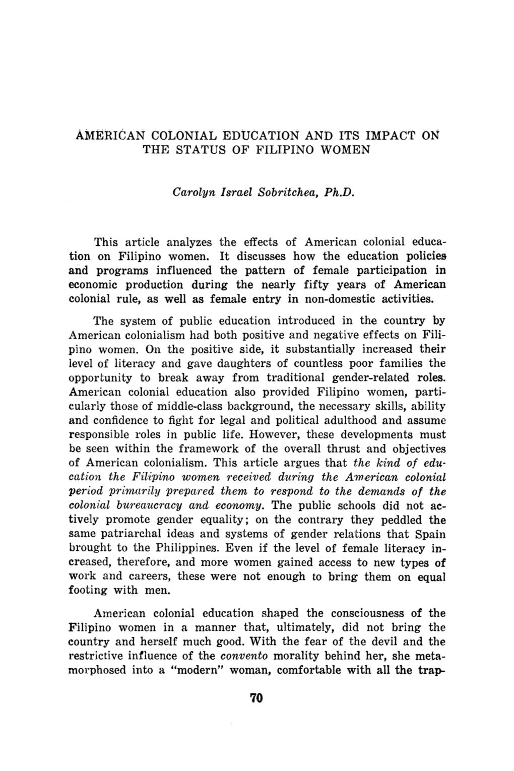 American Colonial Education and Its Impact on the Status of Filipino Women