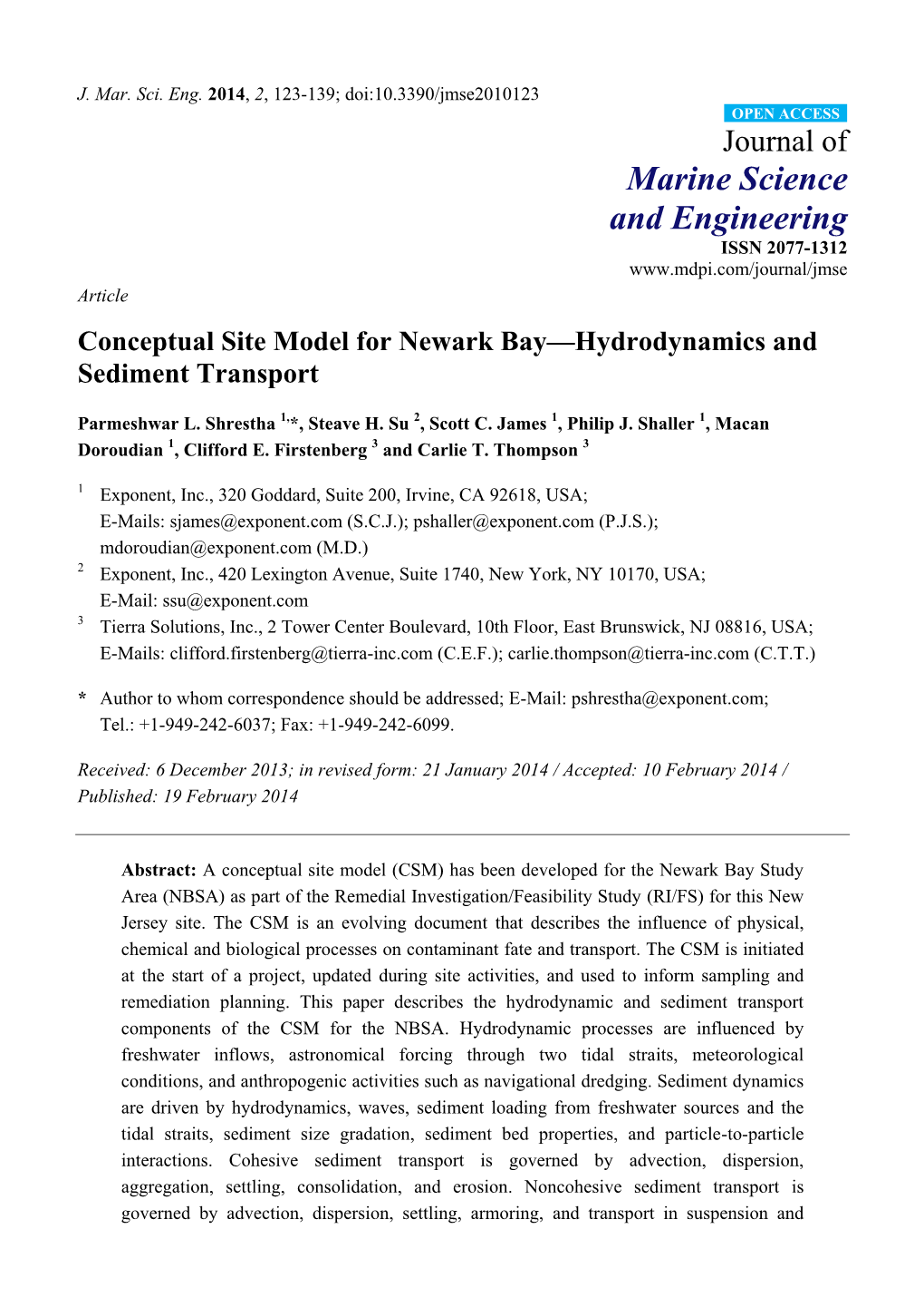 Conceptual Site Model for Newark Bay—Hydrodynamics and Sediment Transport