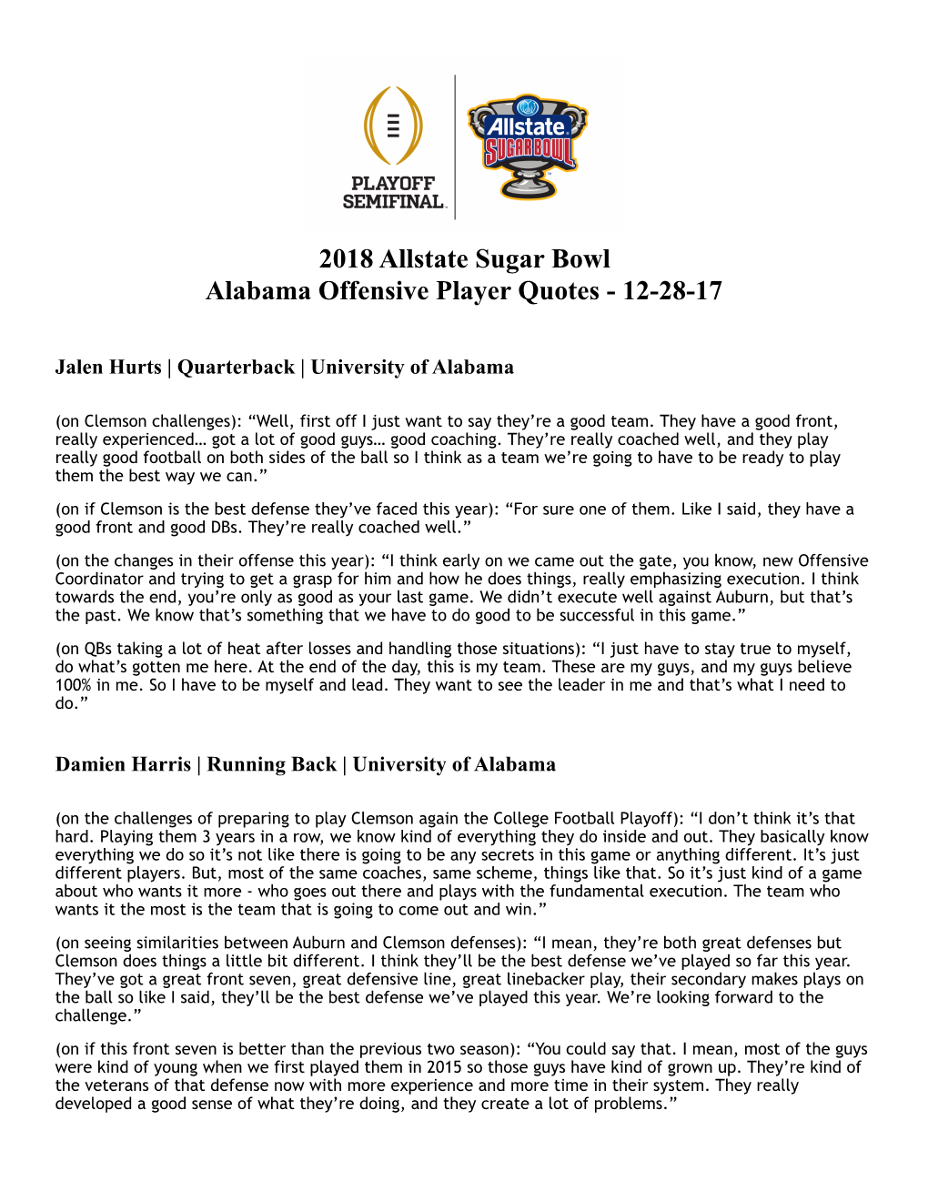 Alabama Offensive Player Quotes - 12-28-17