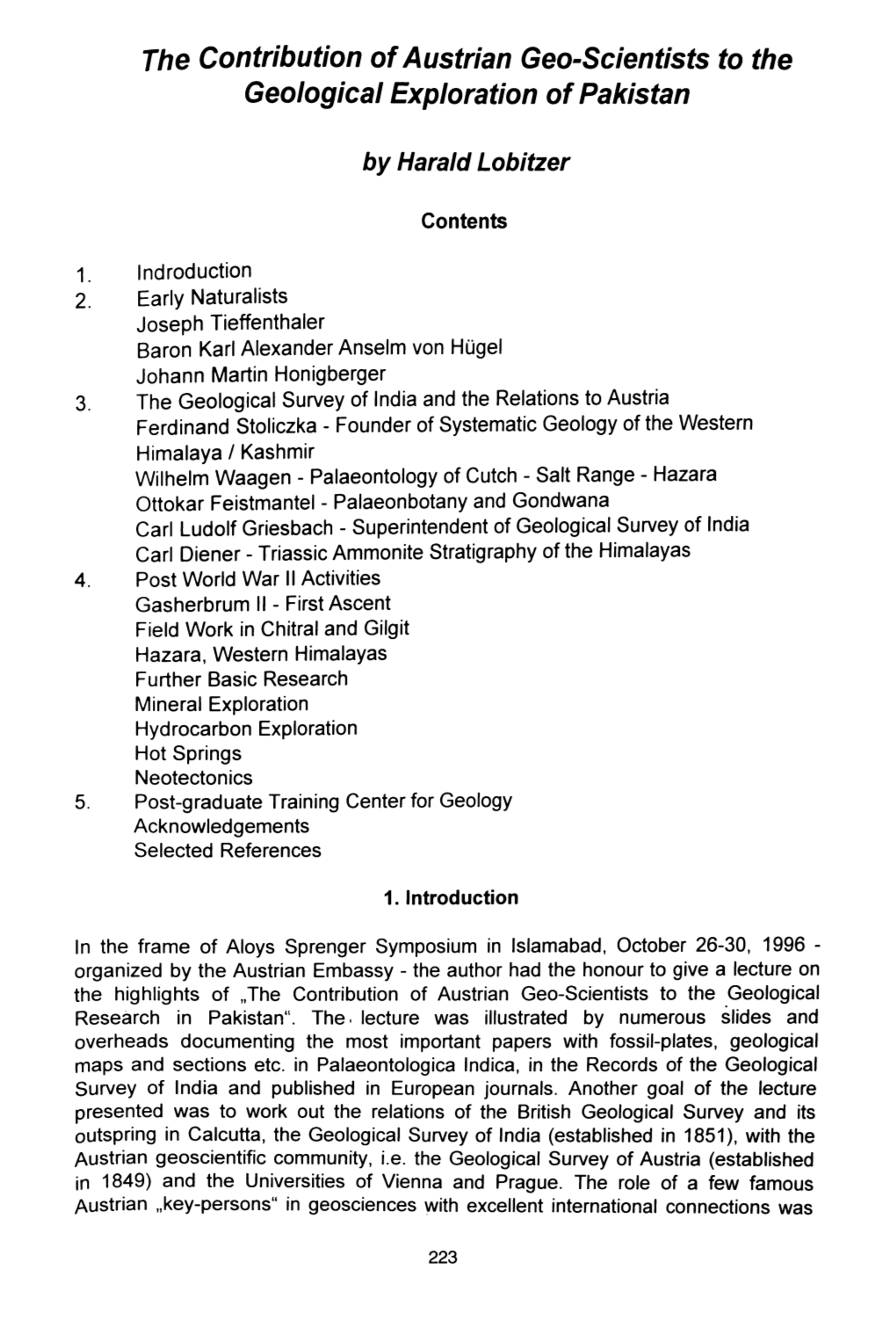 The Contribution of Austrian Geo-Scientists to the Geological Exploration of Pakistan