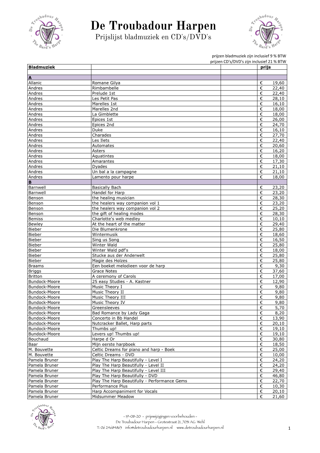De Troubadour Harpen Prijslijst Bladmuziek En CD's/DVD's