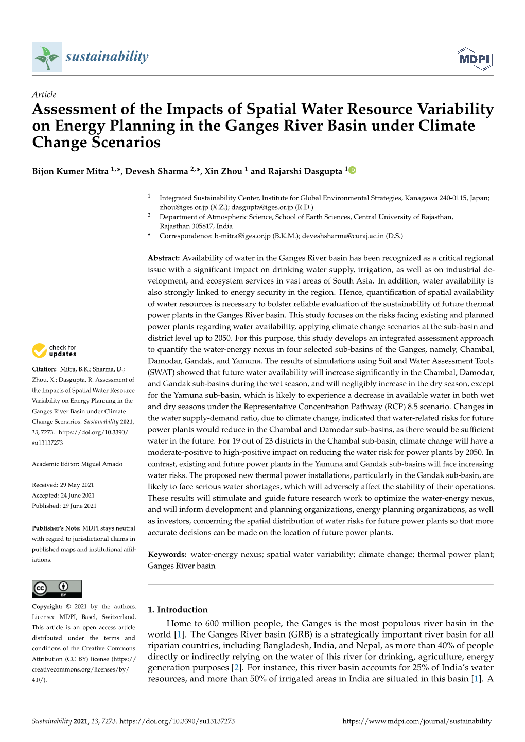 Assessment of the Impacts of Spatial Water Resource Variability on Energy Planning in the Ganges River Basin Under Climate Change Scenarios