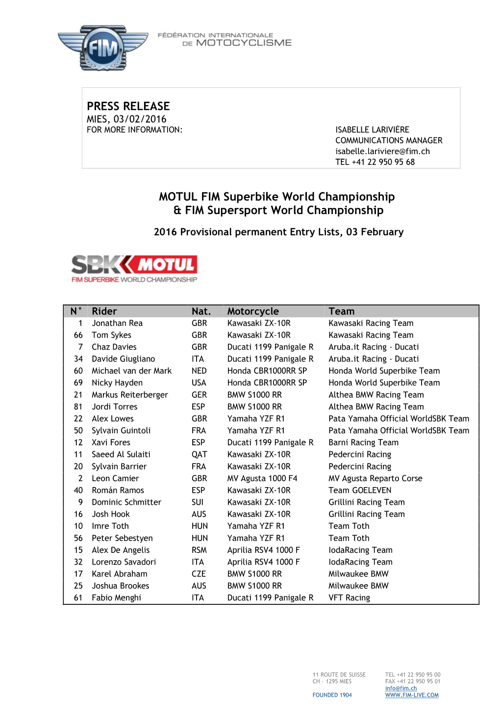 PRESS RELEASE MOTUL FIM Superbike World Championship & FIM Supersport World Championship