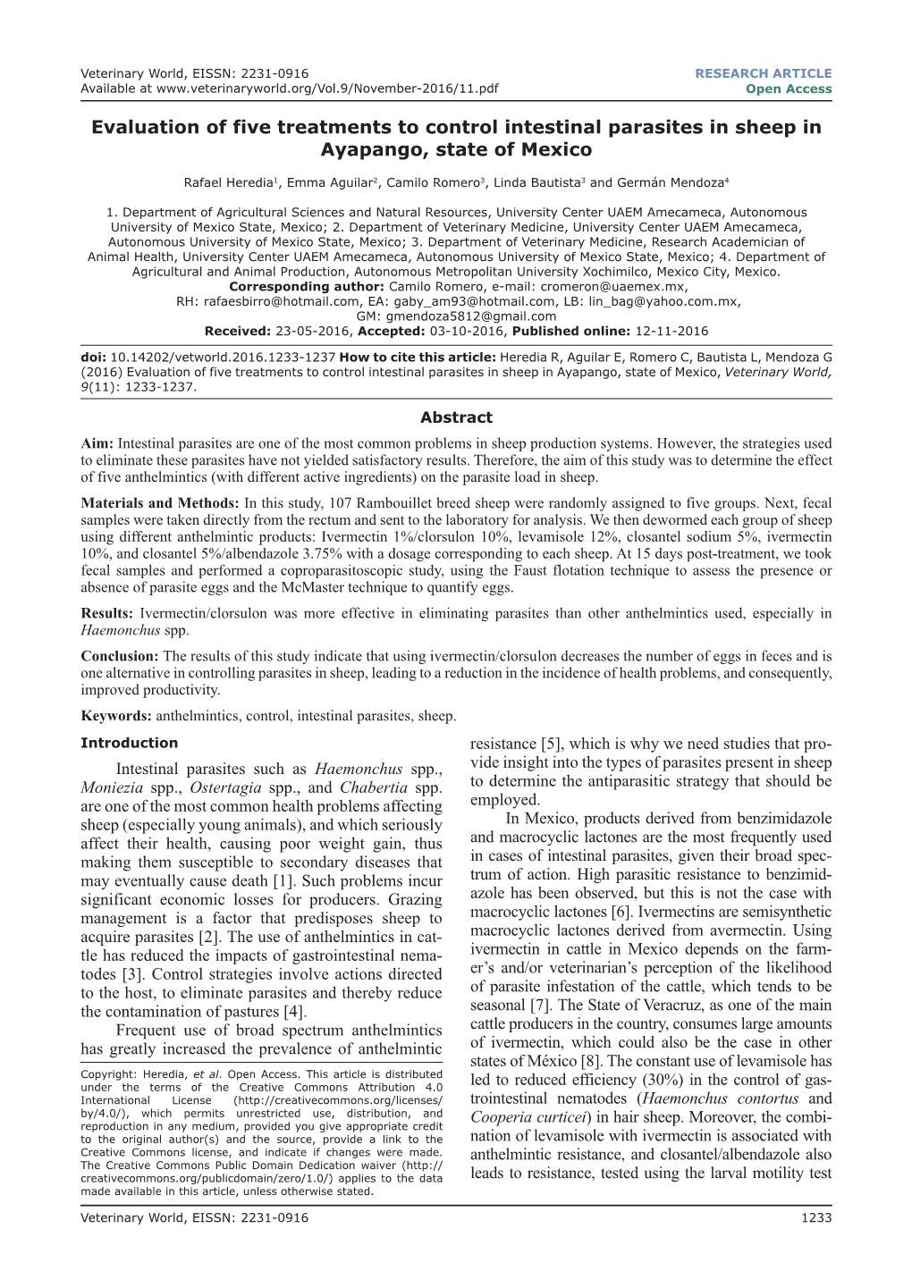 Evaluation of Five Treatments to Control Intestinal Parasites in Sheep in Ayapango, State of Mexico