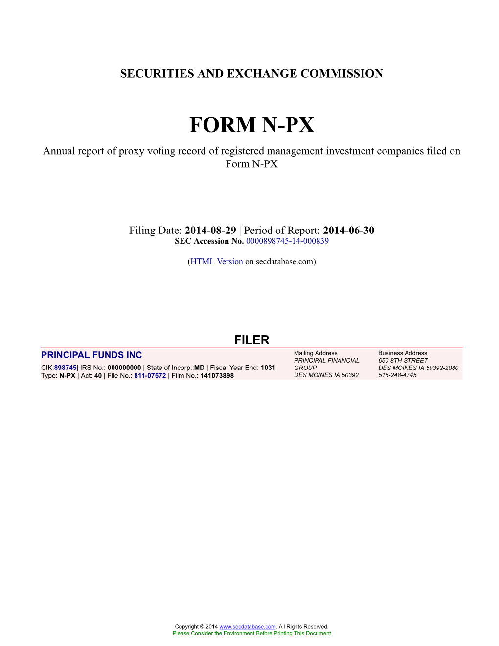 FUNDS INC Form N-PX Filed 2014-08-29