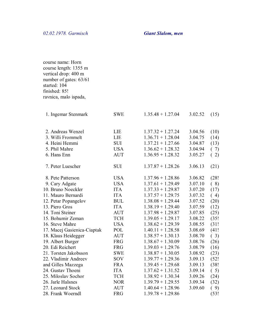 02.02.1978. Garmisch Giant Slalom, Men Course Name: Horn Course