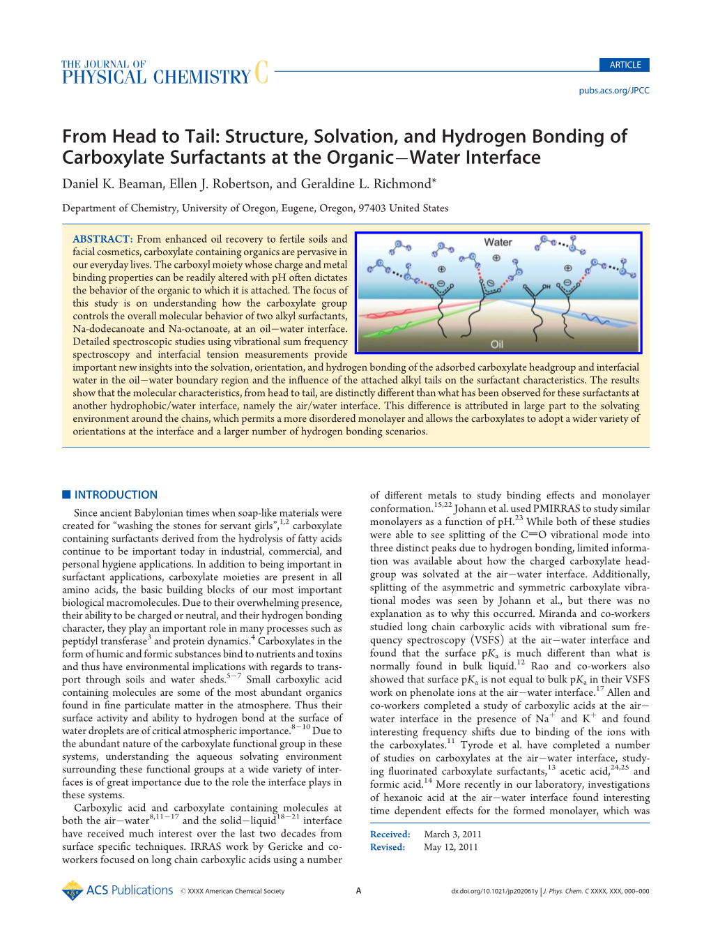 Structure, Solvation, and Hydrogen Bonding of Carboxylate Surfactants at the Organic�Water Interface Daniel K