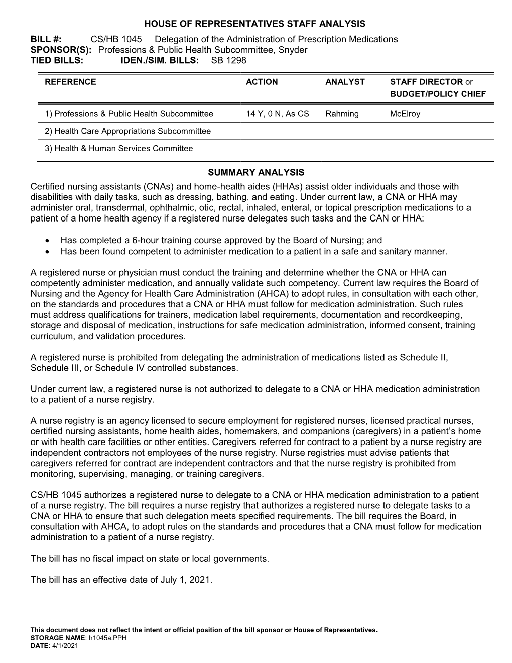 CS/HB 1045 Delegation of the Administration of Prescription Medications SPONSOR(S): Professions & Public Health Subcommittee, Snyder TIED BILLS: IDEN./SIM