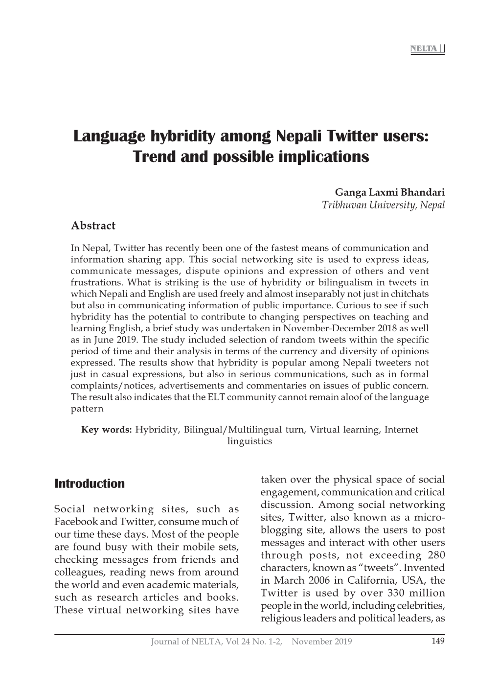 Language Hybridity Among Nepali Twitter Users: Trend and Possible Implications