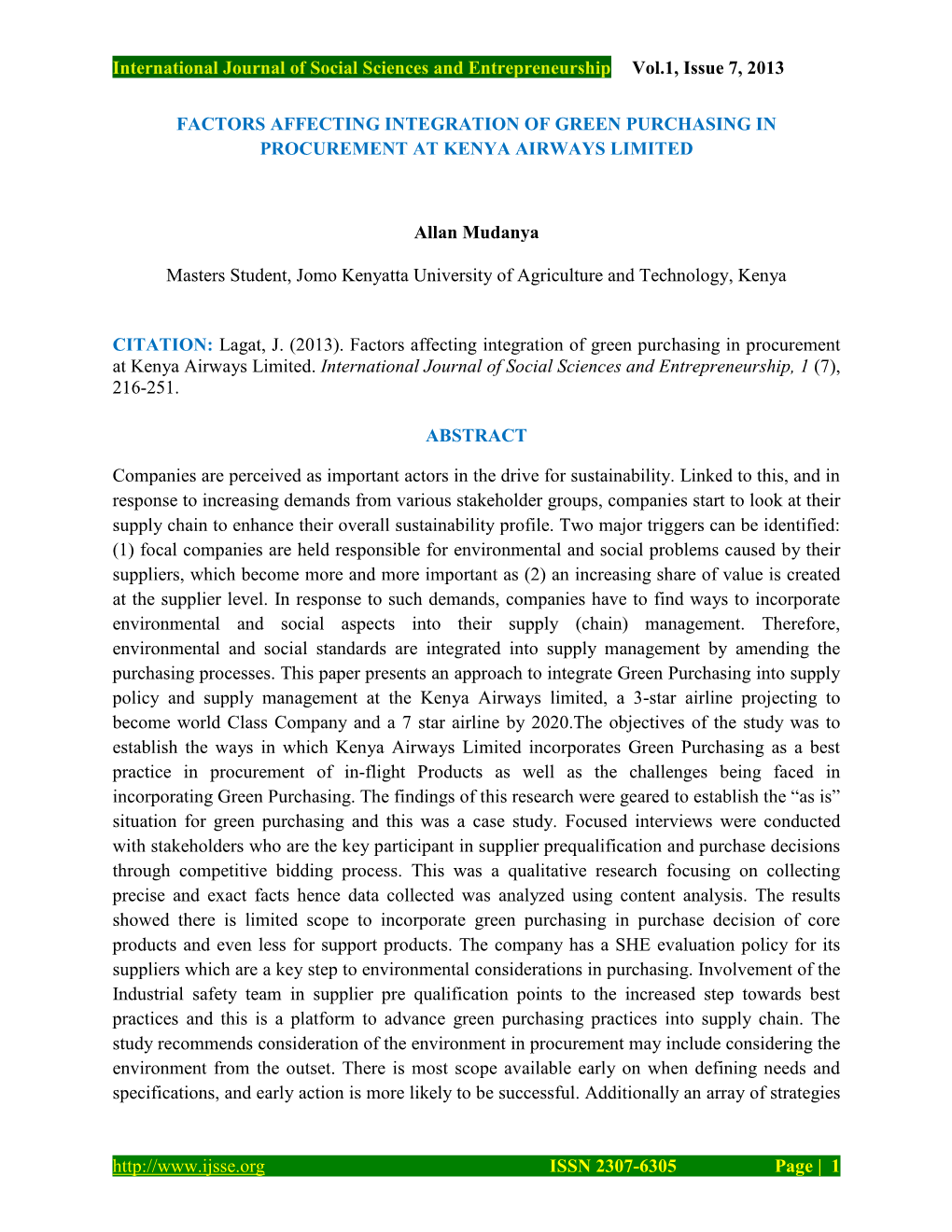 International Journal of Social Sciences and Entrepreneurship Vol.1, Issue 7, 2013