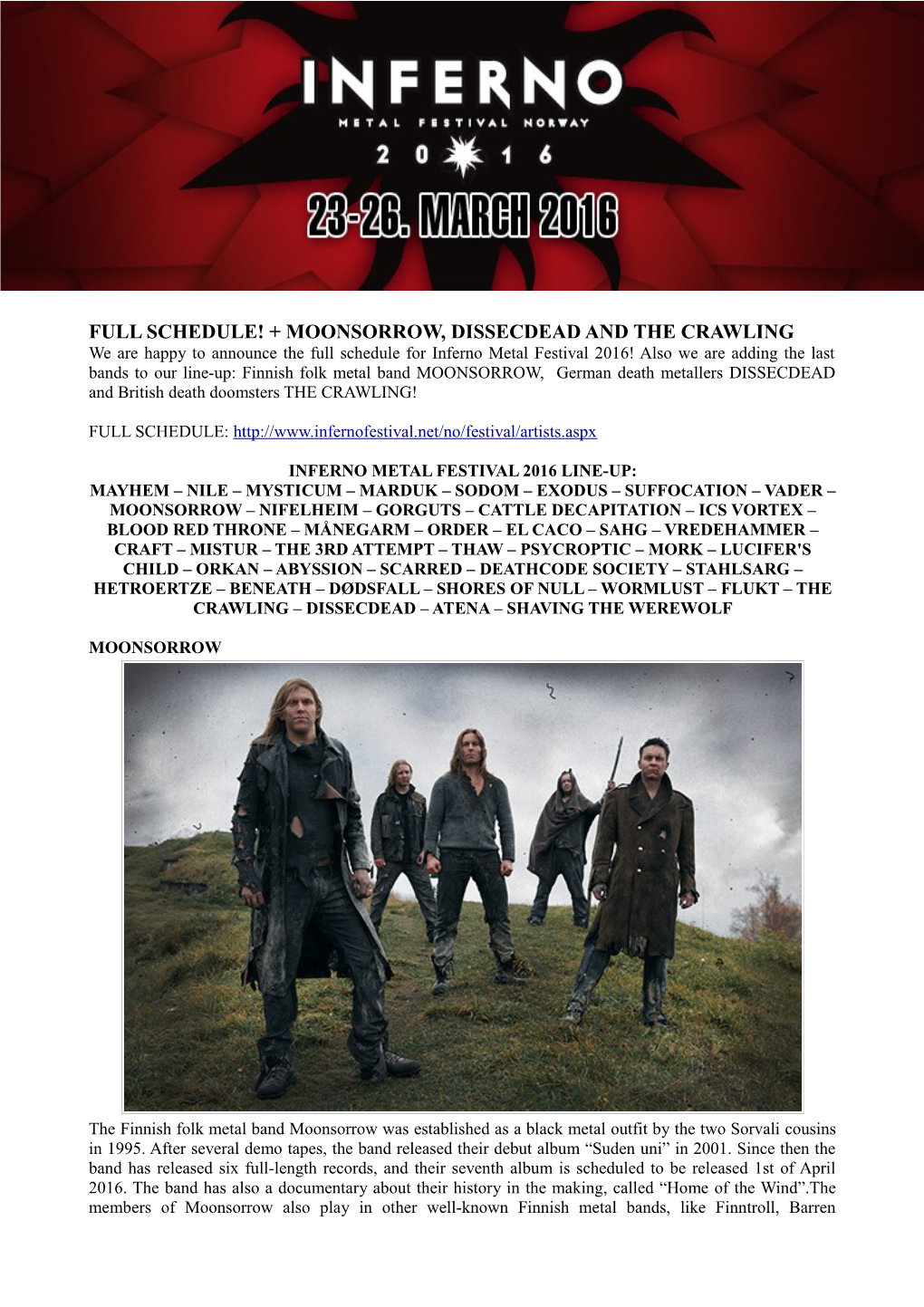 Full Schedule! + Moonsorrow, Dissecdead and the Crawling