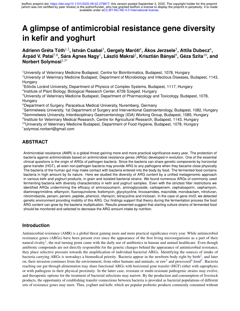 A Glimpse of Antimicrobial Resistance Gene Diversity in Kefir and Yoghurt