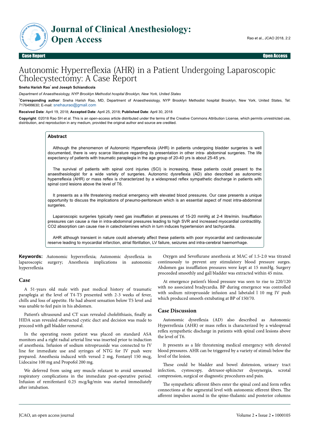 Autonomic Hyperreflexia (AHR) in a Patient Undergoing Laparoscopic Cholecystectomy: a Case Report