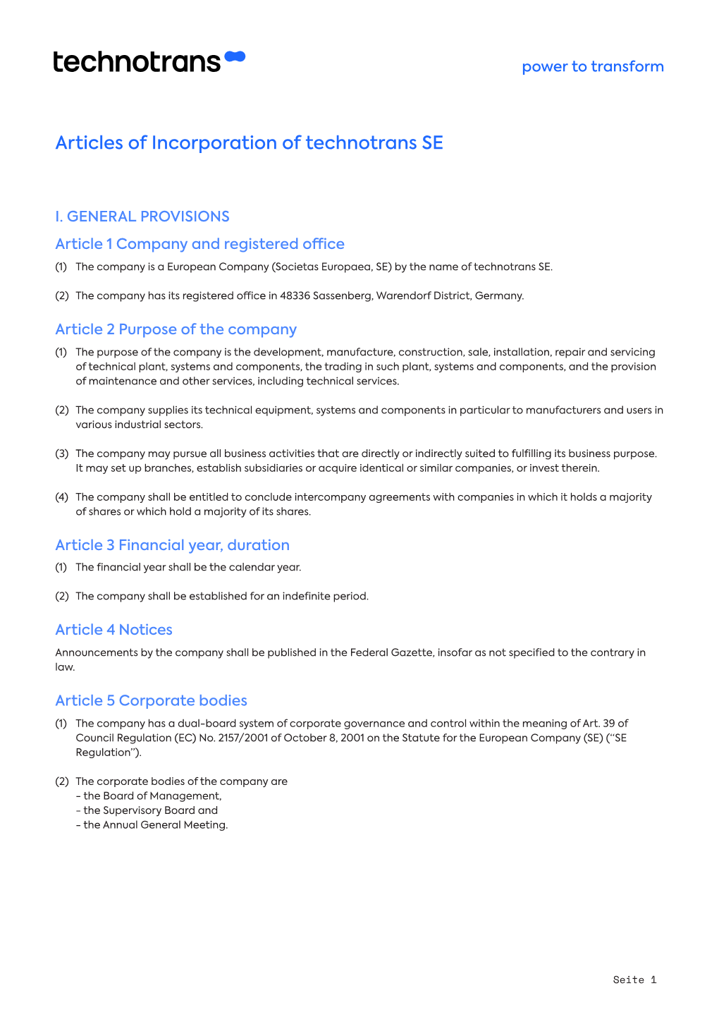 Articles of Incorporation of Technotrans SE