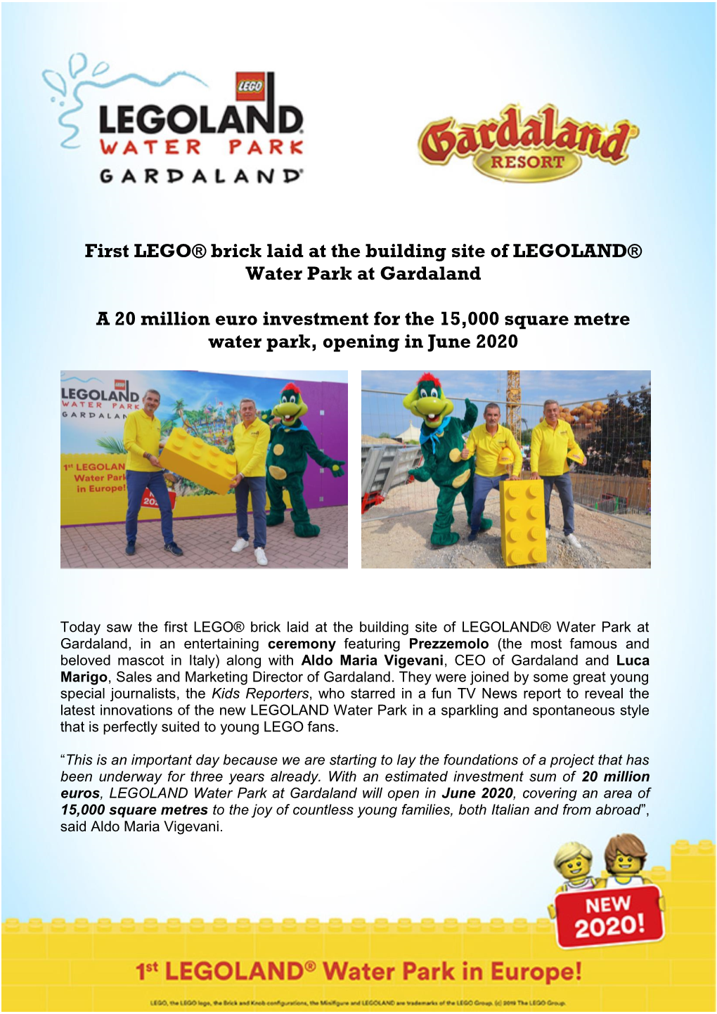 First LEGO® Brick Laid at the Building Site of LEGOLAND® Water Park at Gardaland