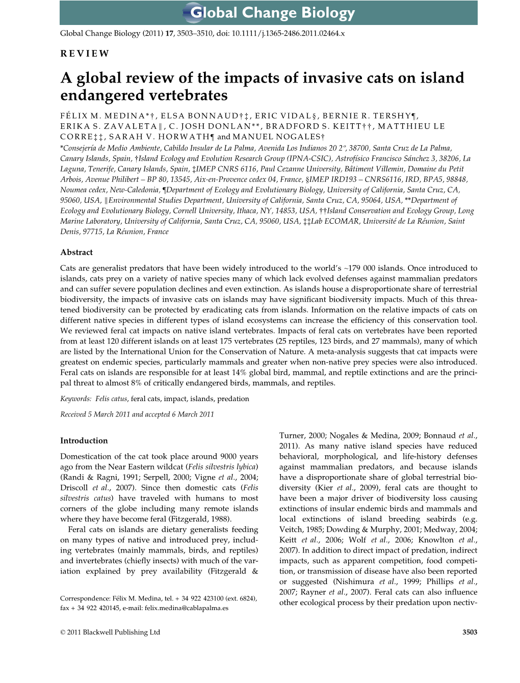 A Global Review of the Impacts of Invasive Cats on Island Endangered Vertebrates