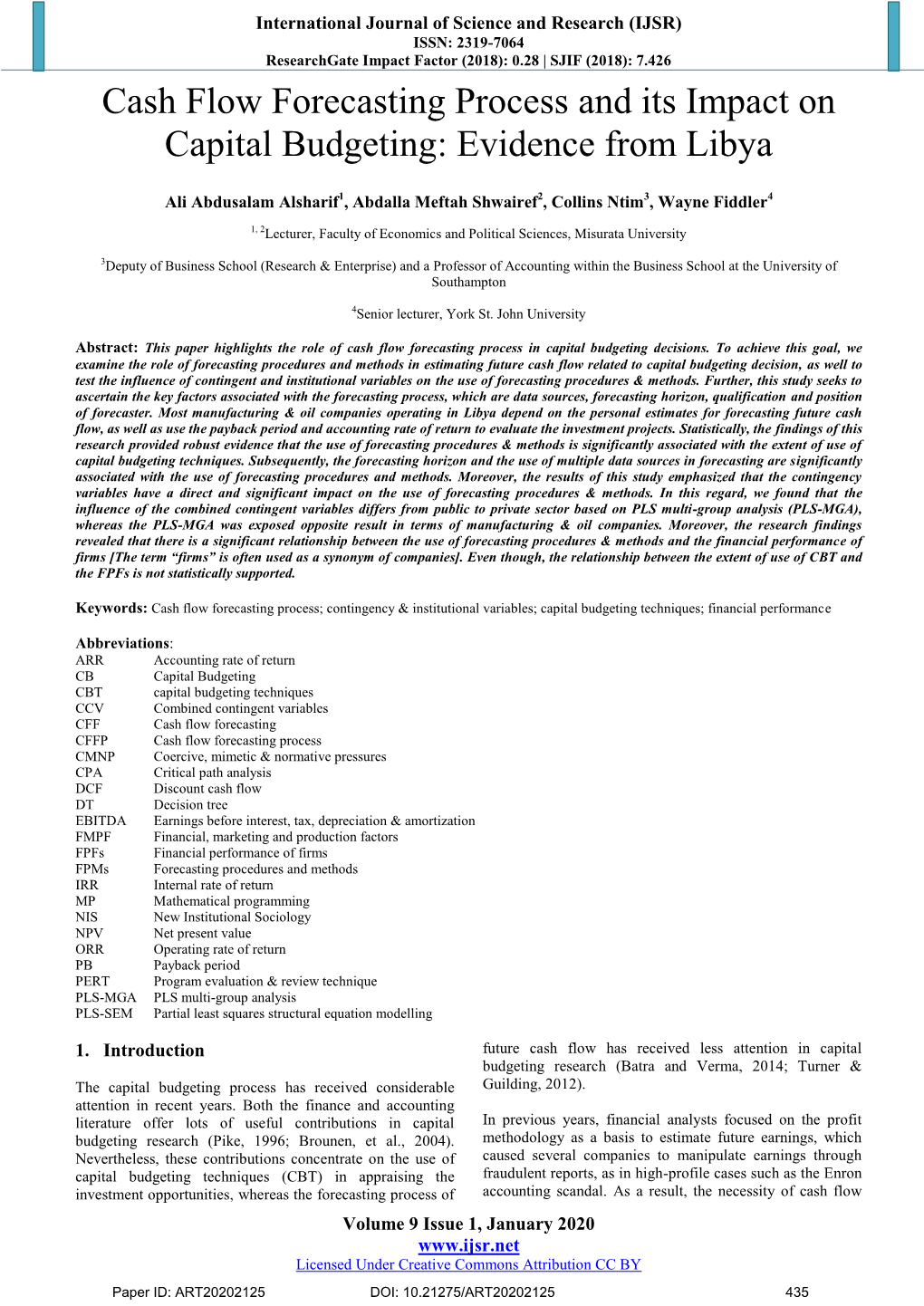 Cash Flow Forecasting Process and Its Impact on Capital Budgeting: Evidence from Libya