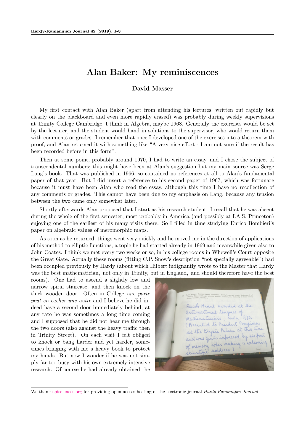 Alan Baker: My Reminiscences