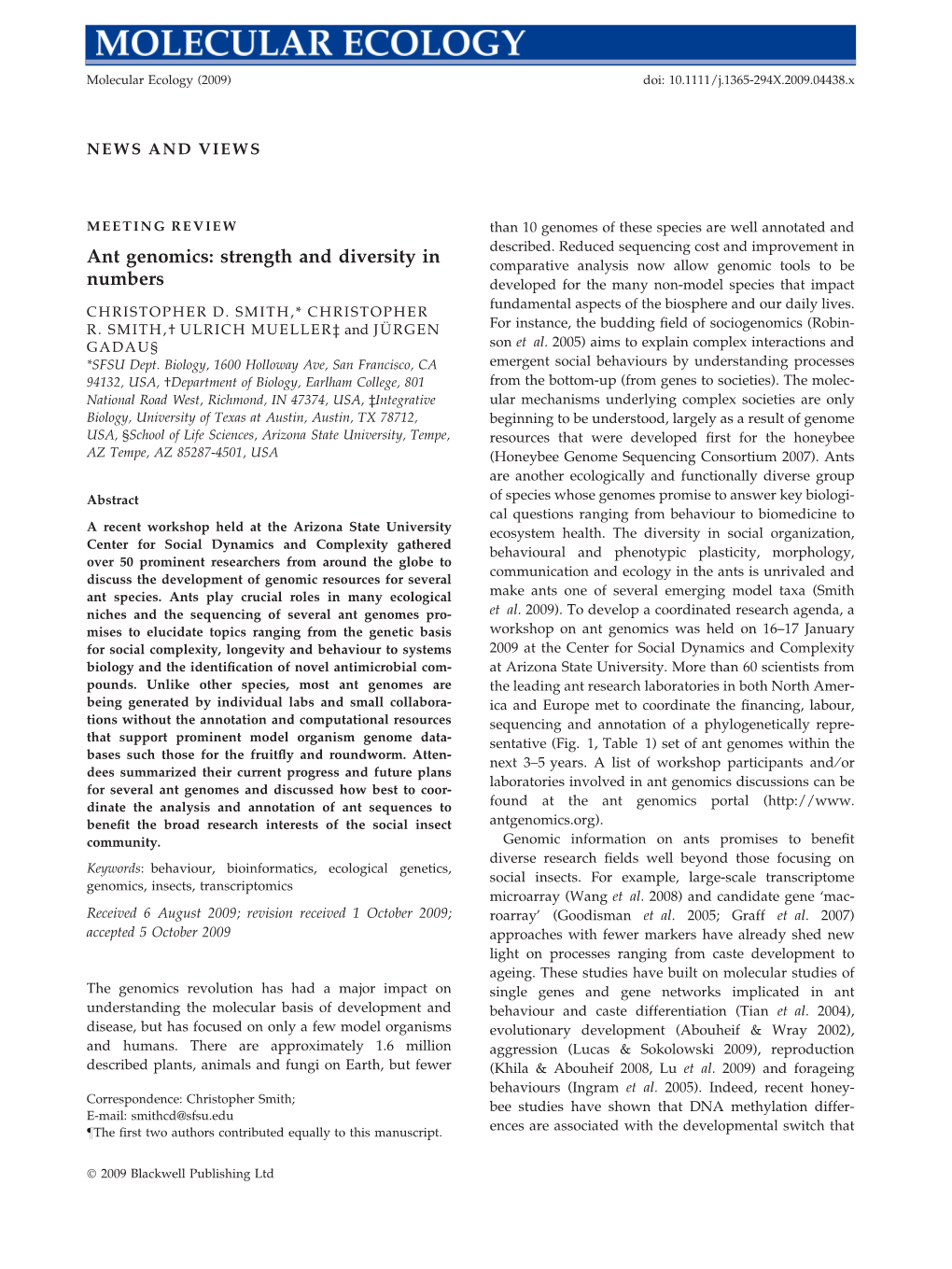 (2009) Ant Genomics: Strength and Diversity in Numbers