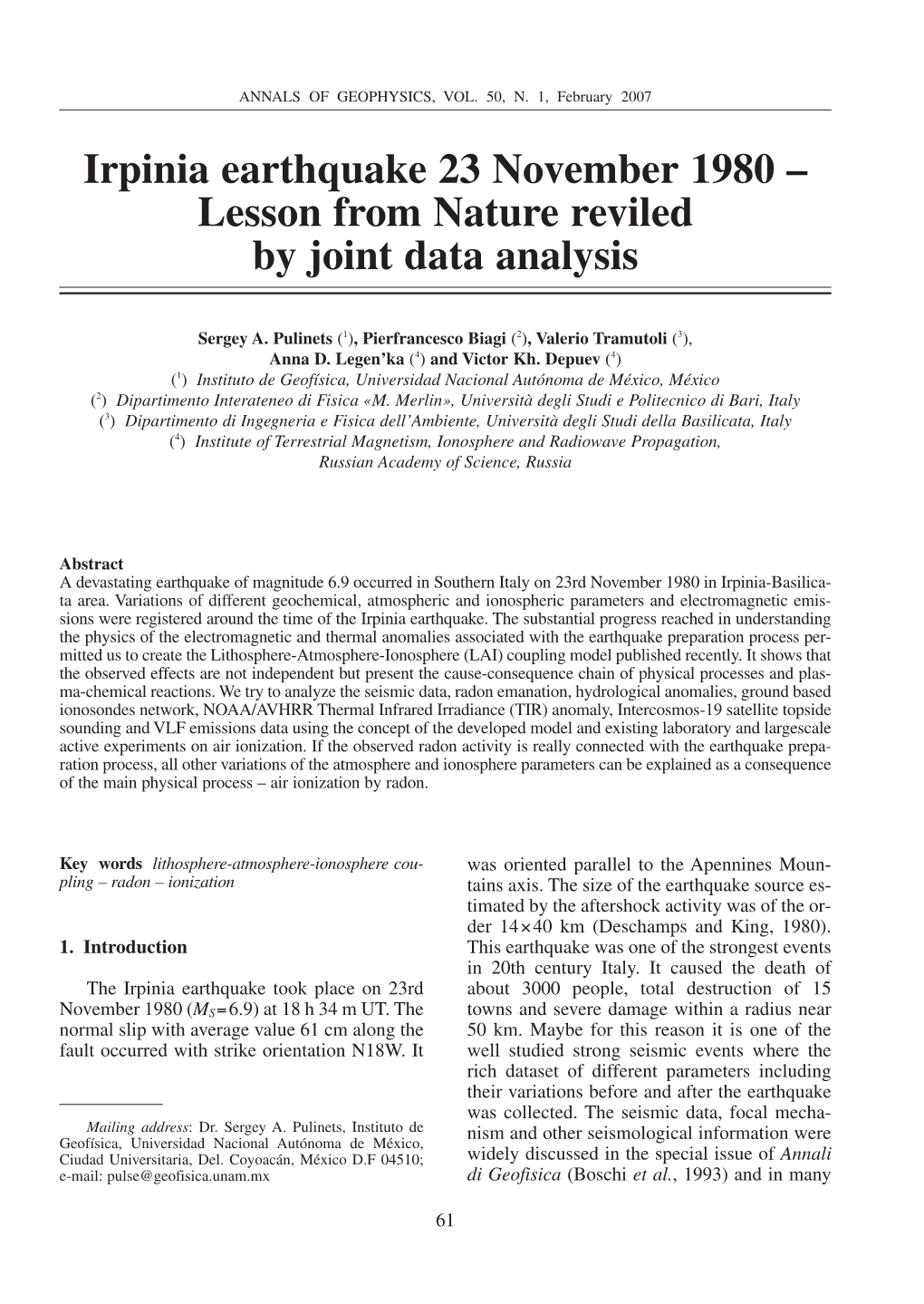 Irpinia Earthquake 23 November 1980 Ð Lesson from Nature Reviled by Joint Data Analysis