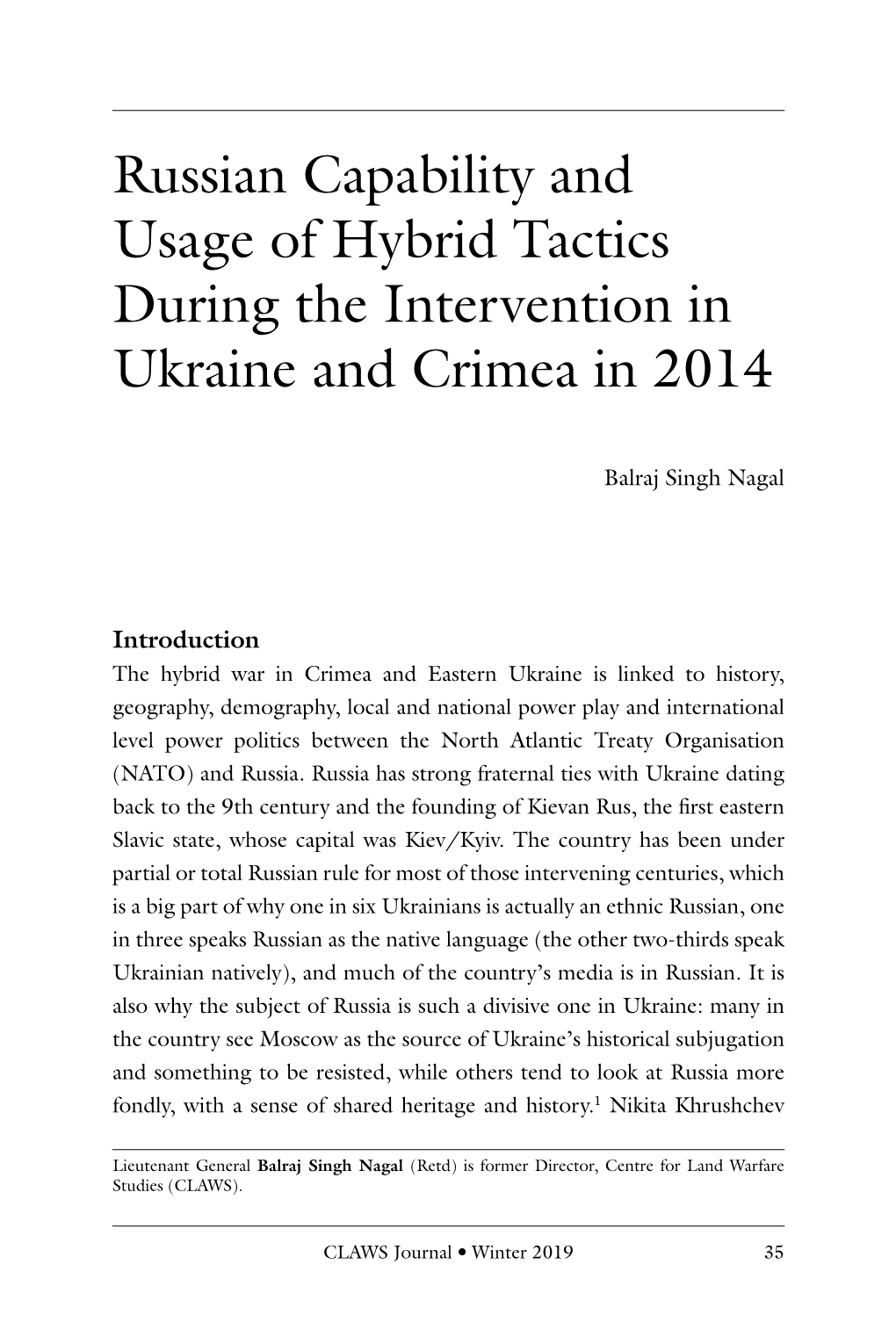 Russian Capability and Usage of Hybrid Tactics During the Intervention in Ukraine and Crimea in 2014