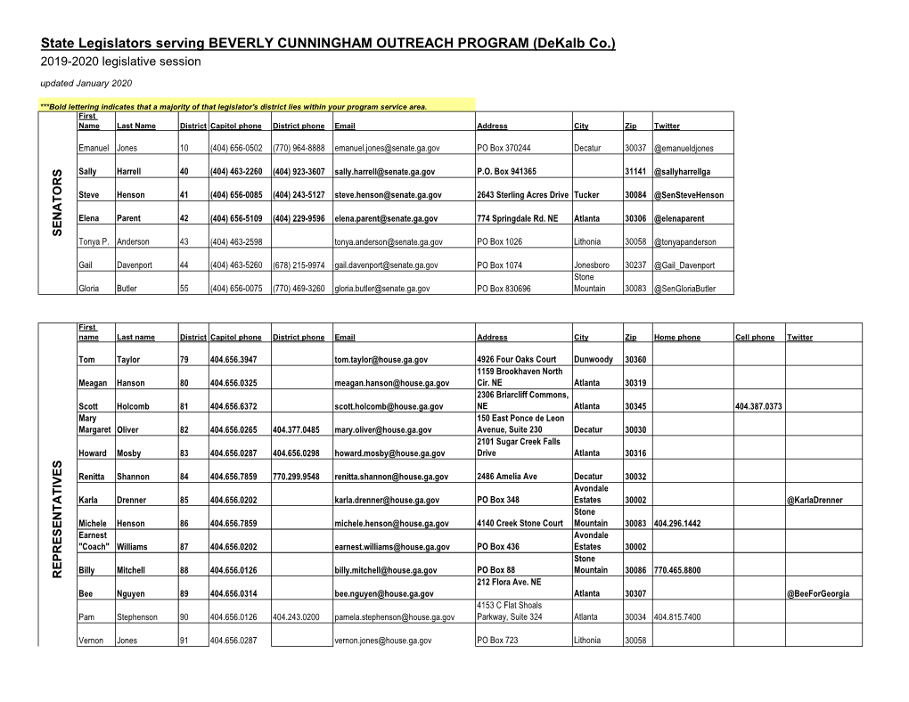 State Legislators Serving BEVERLY CUNNINGHAM OUTREACH PROGRAM (Dekalb Co.) 2019-2020 Legislative Session Updated January 2020