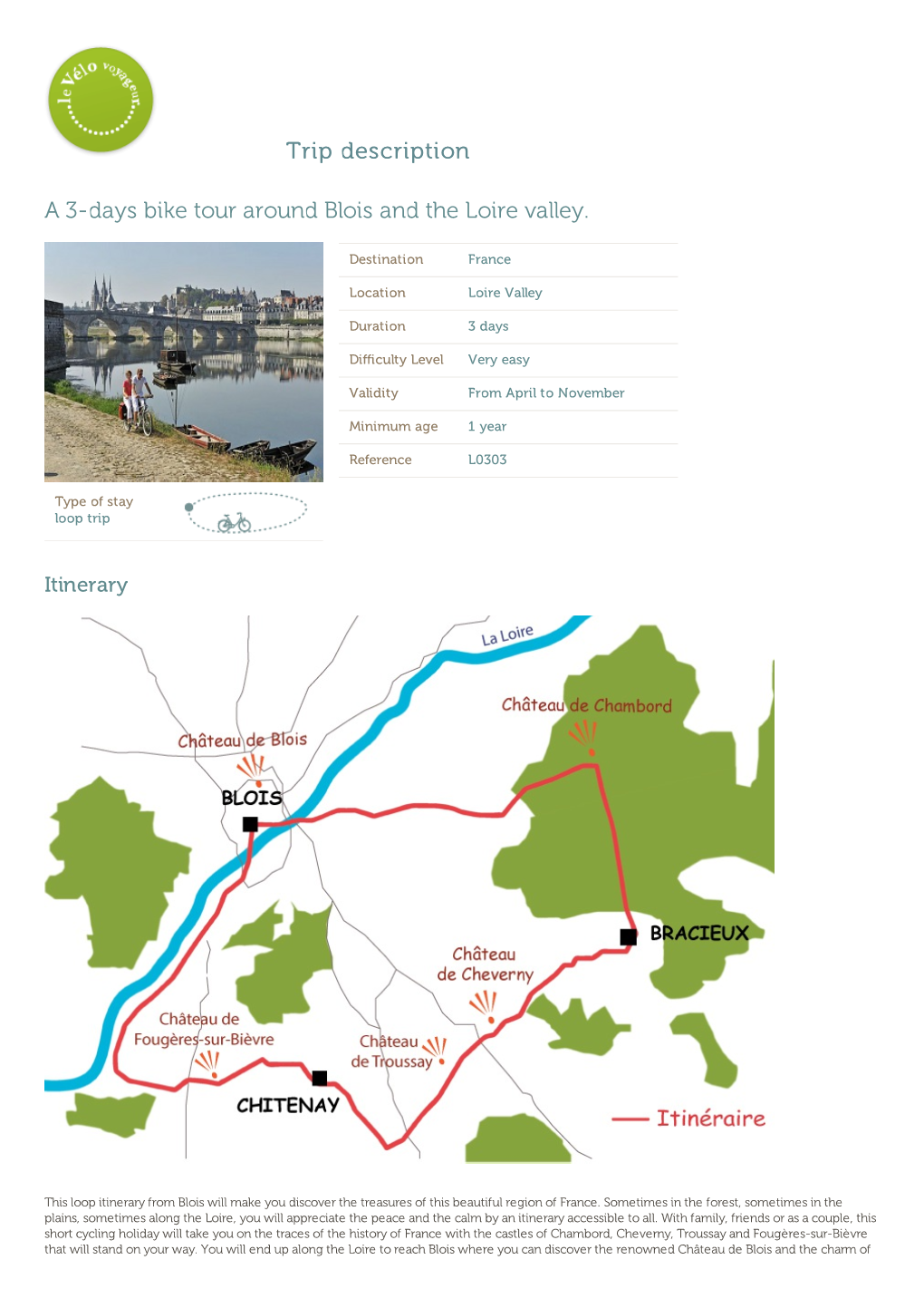 Trip Description a 3-Days Bike Tour Around Blois and the Loire Valley