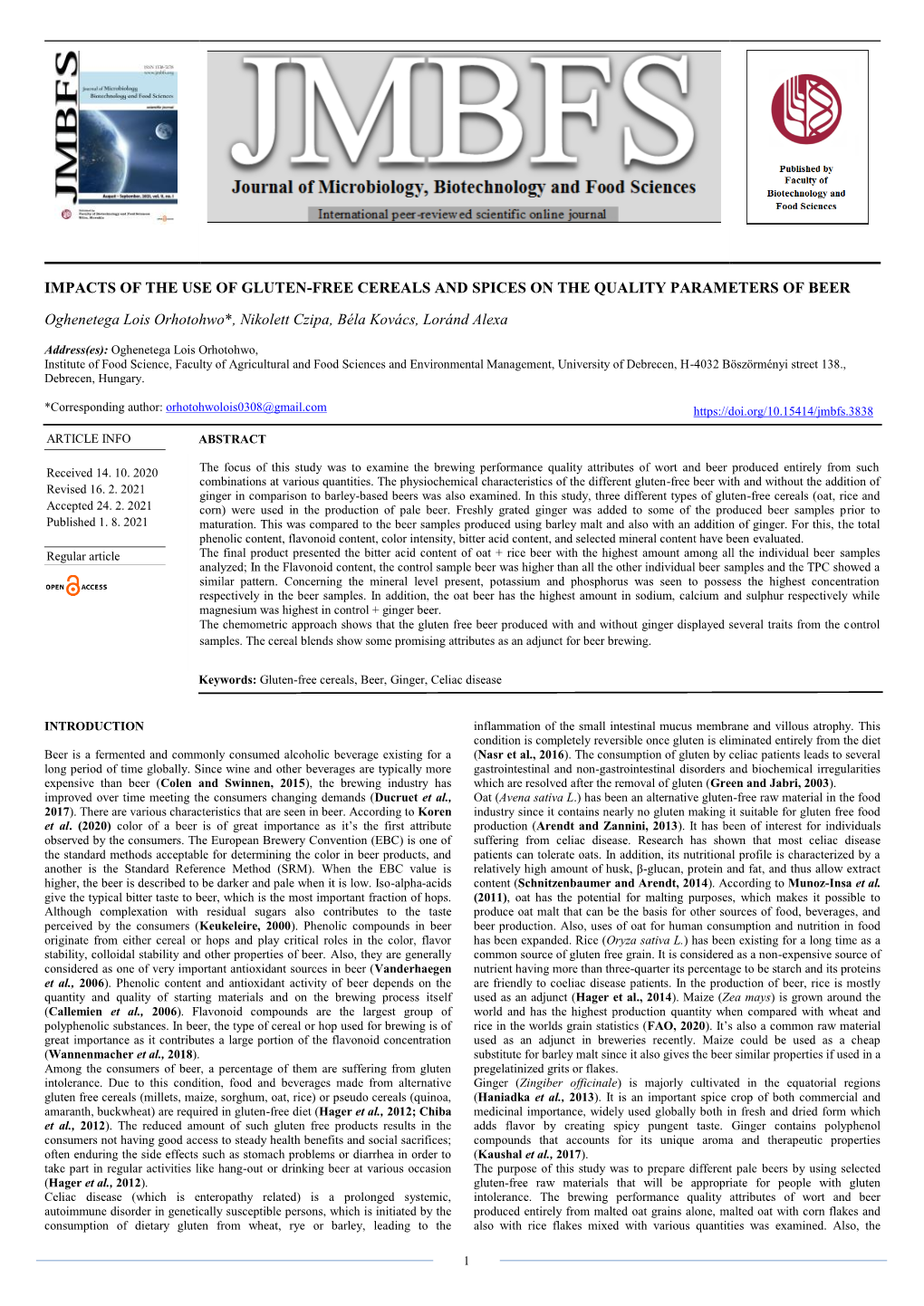 Impacts of the Use of Gluten-Free Cereals and Spices on the Quality Parameters of Beer