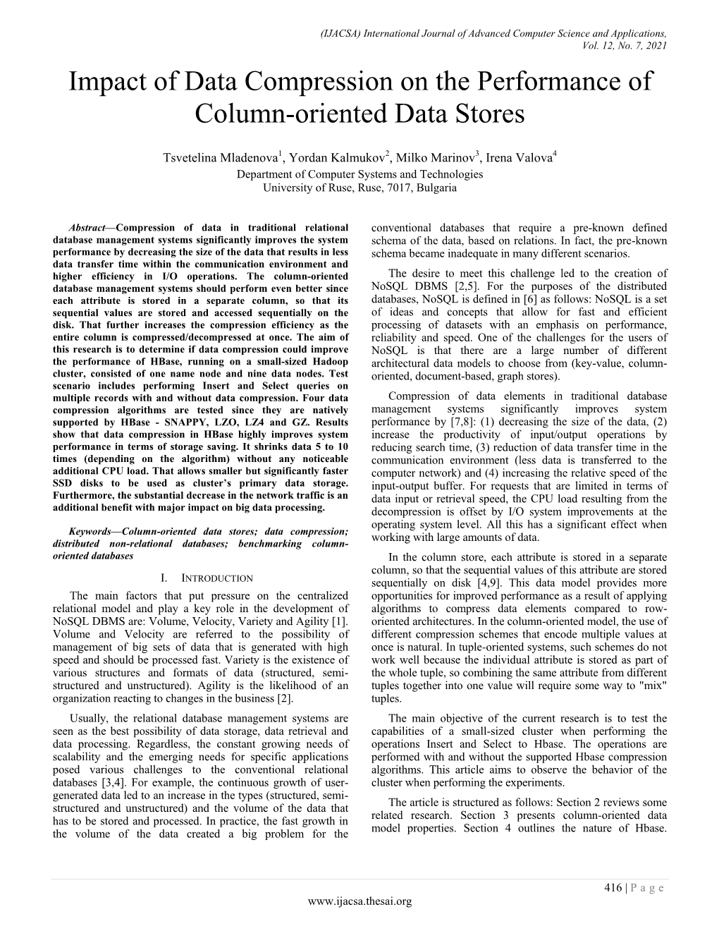 Impact of Data Compression on the Performance of Column-Oriented Data Stores