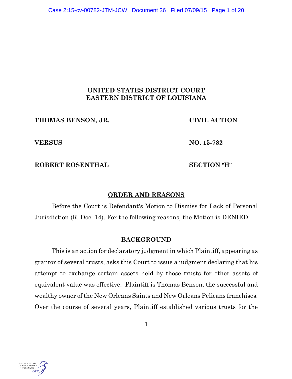 Case 2:15-Cv-00782-JTM-JCW Document 36 Filed 07/09/15 Page 1 of 20