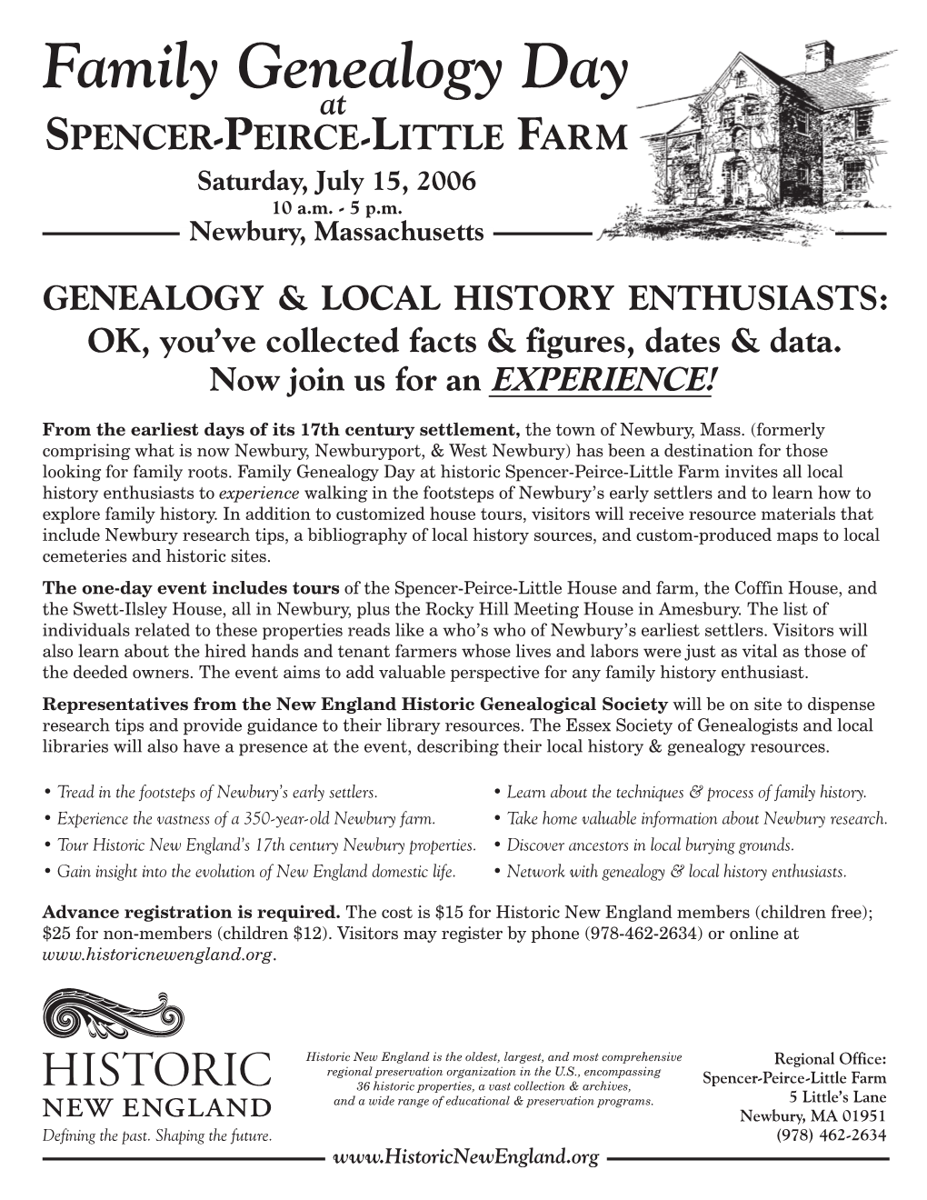 Family Genealogy Day at SPENCER-PEIRCE-LITTLE FARM Newbury, Massachusetts ~ Schedule of Tours & Activities ~