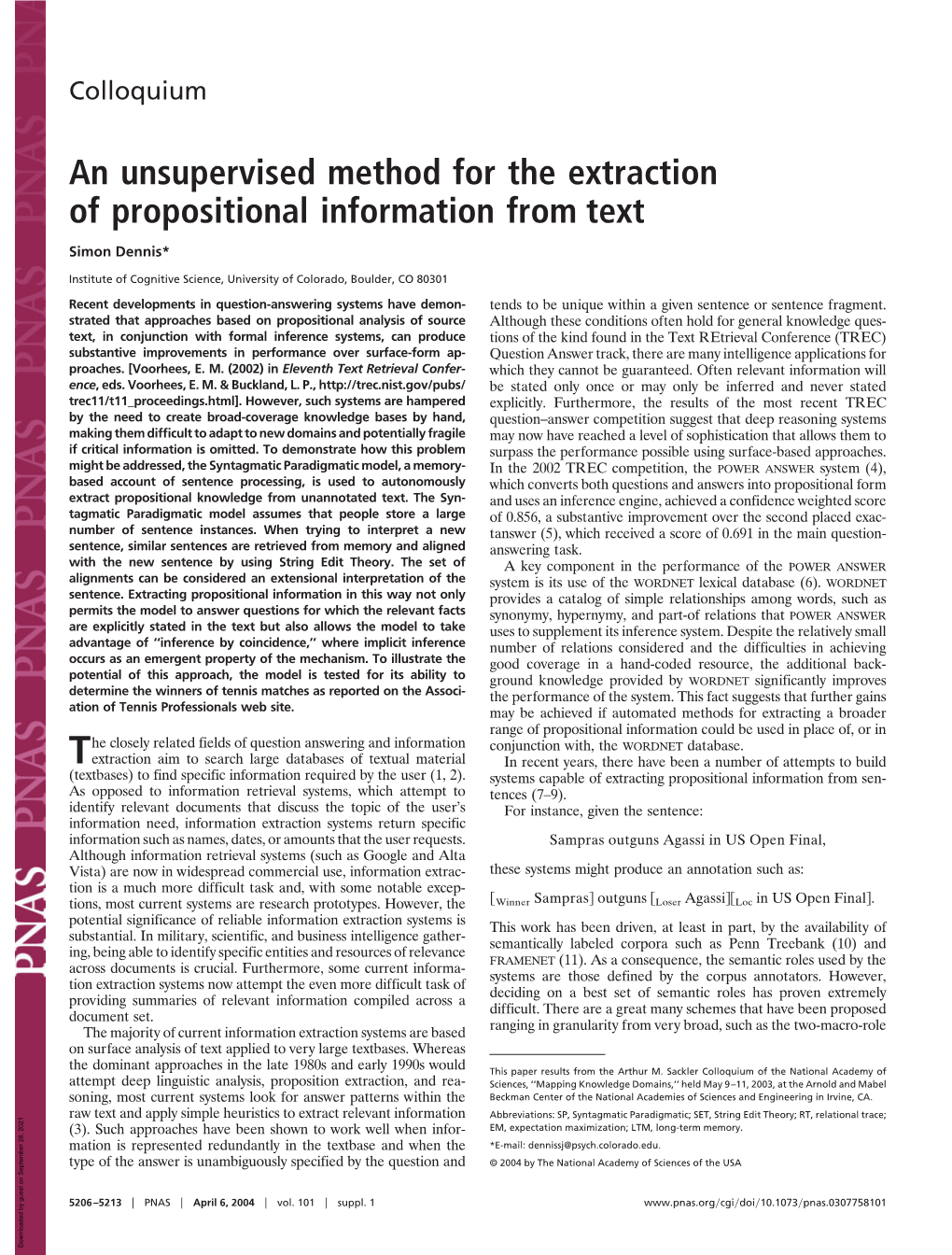 An Unsupervised Method for the Extraction of Propositional Information from Text