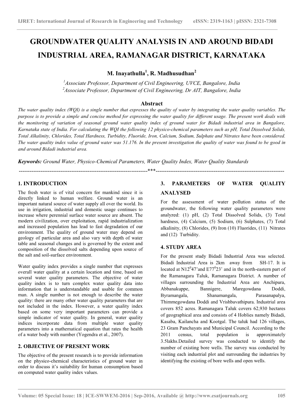 Groundwater Quality Analysis in and Around Bidadi Industrial Area, Ramanagar District, Karnataka