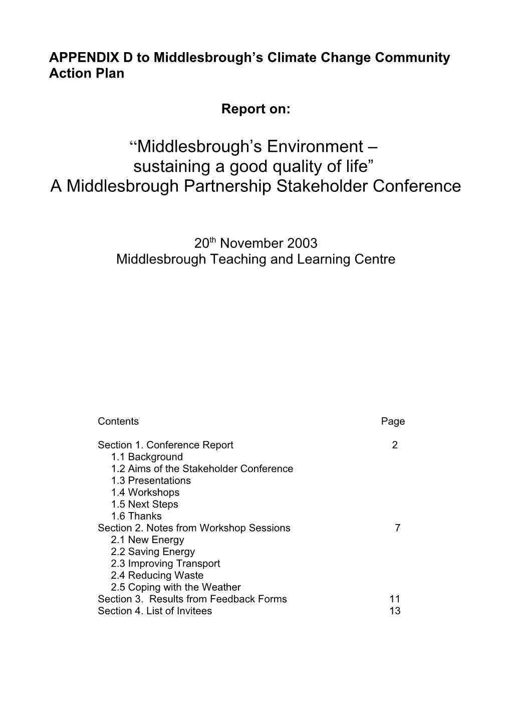 APPENDIX D to Middlesbrough S Climate Change Community Action Plan