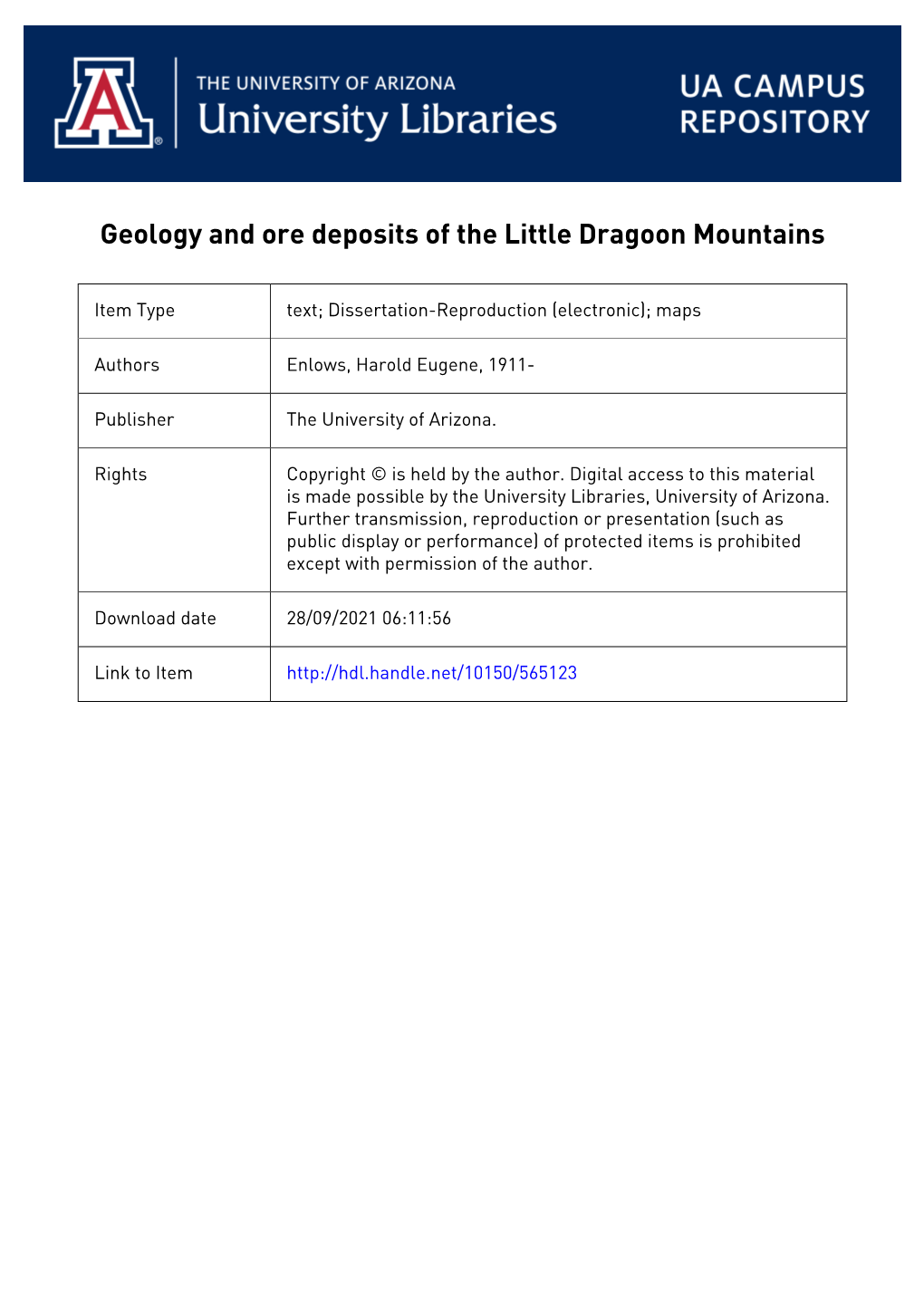 Geology and Ore Deposits of the Little Dragoon Mountains by Harold