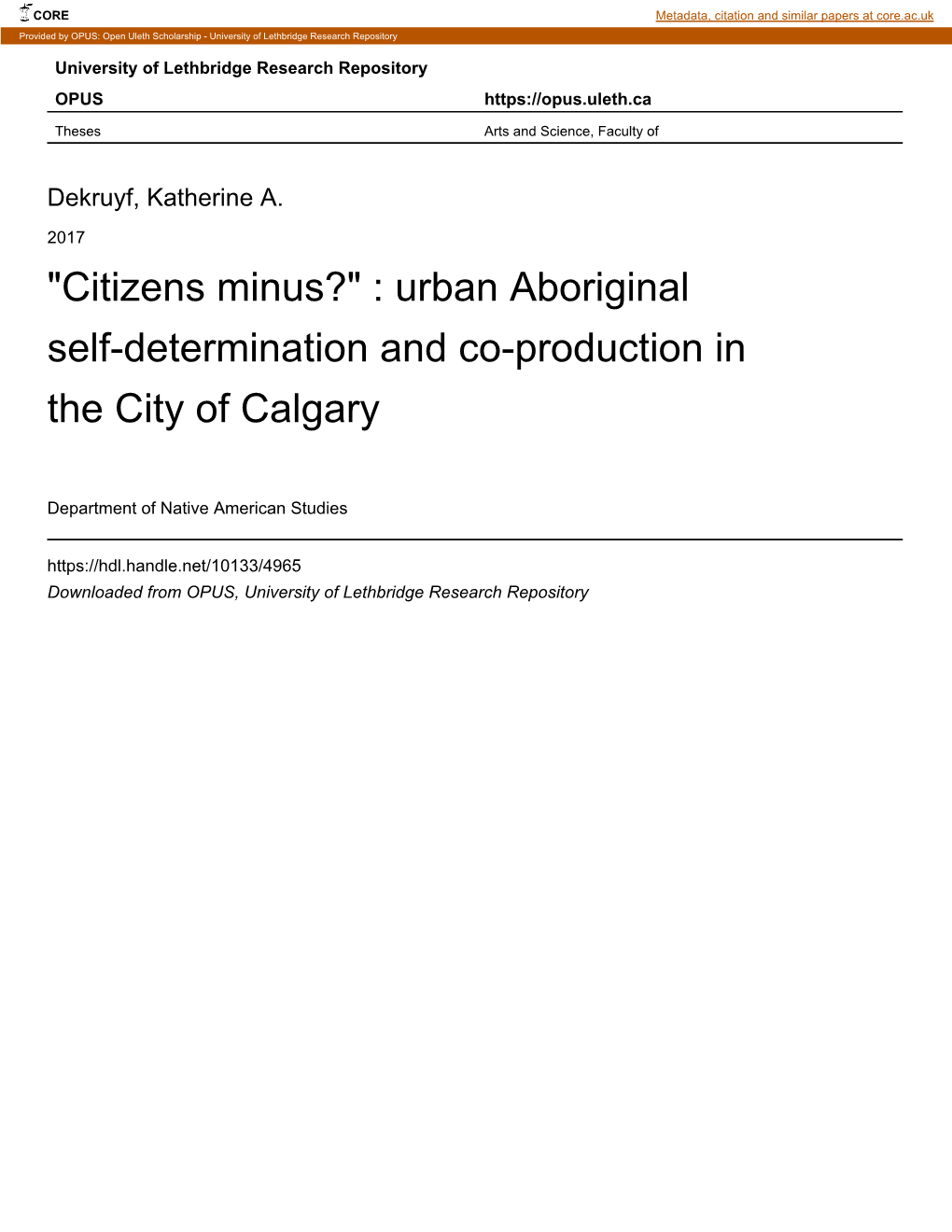 Urban Aboriginal Self-Determination and Co-Production in the City of Calgary