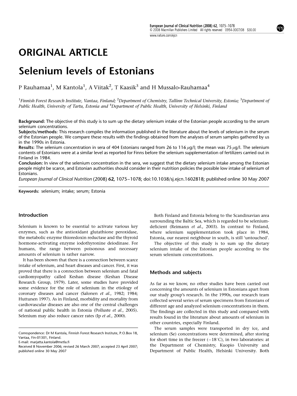 Selenium Levels of Estonians