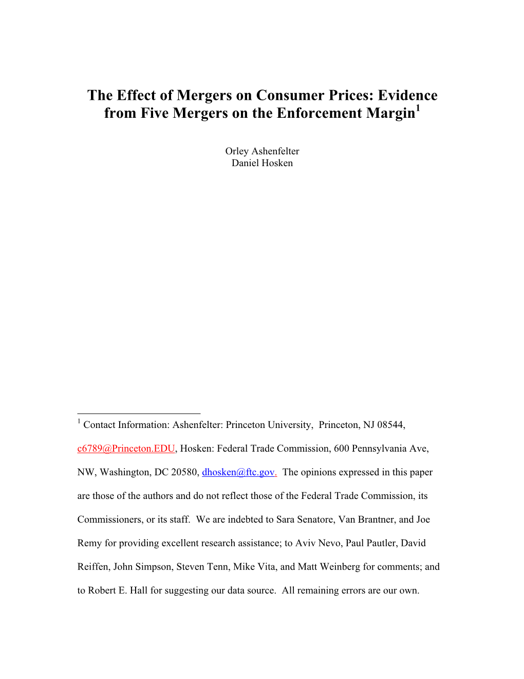 The Effect of Mergers on Consumer Prices: Evidence from Five Mergers on the Enforcement Margin1