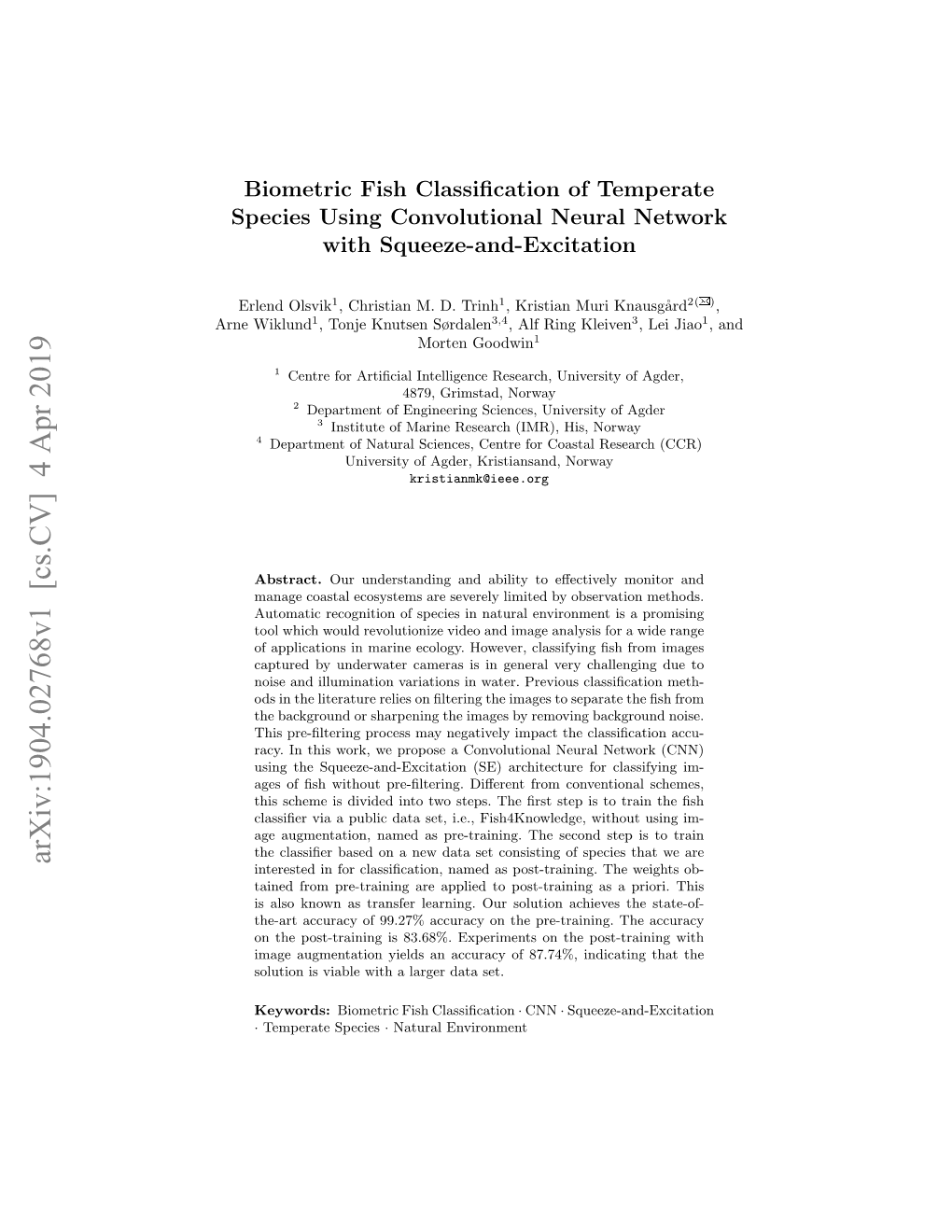 Biometric Fish Classification of Temperate Species Using Convolutional Neural Network with Squeeze-And-Excitation